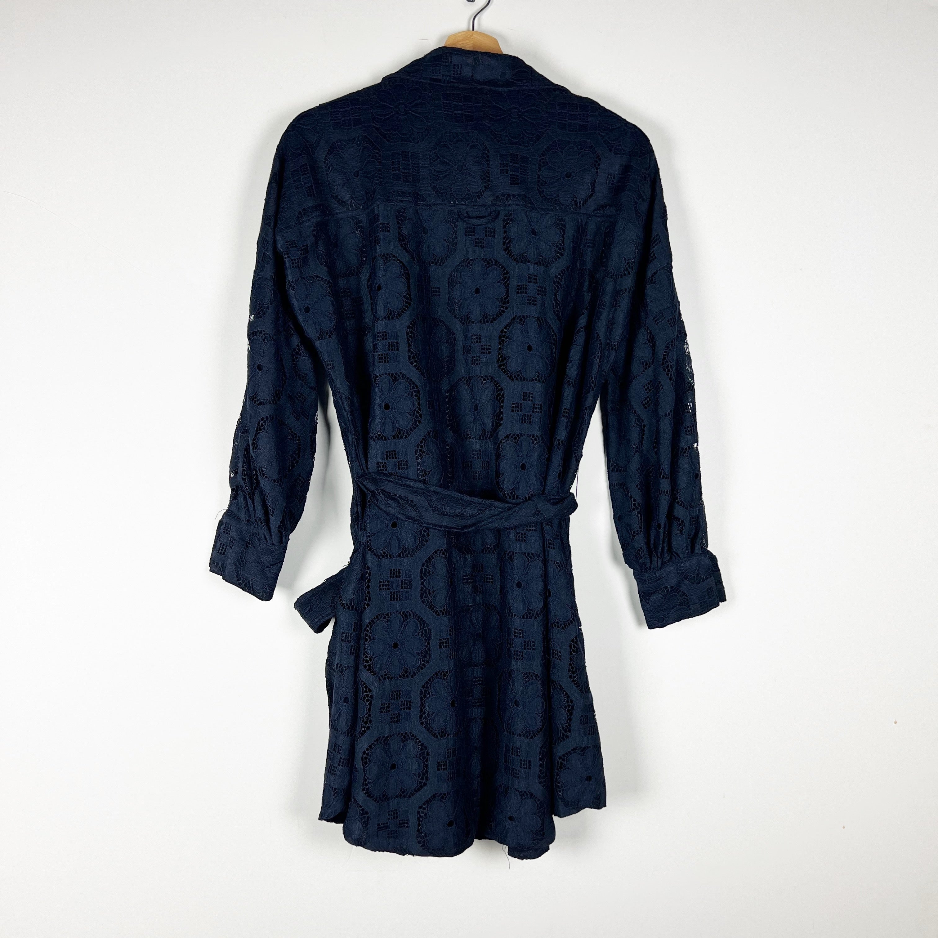 Maeve Belted Button Down Collared Mini Shirt Dress Black Lace XS