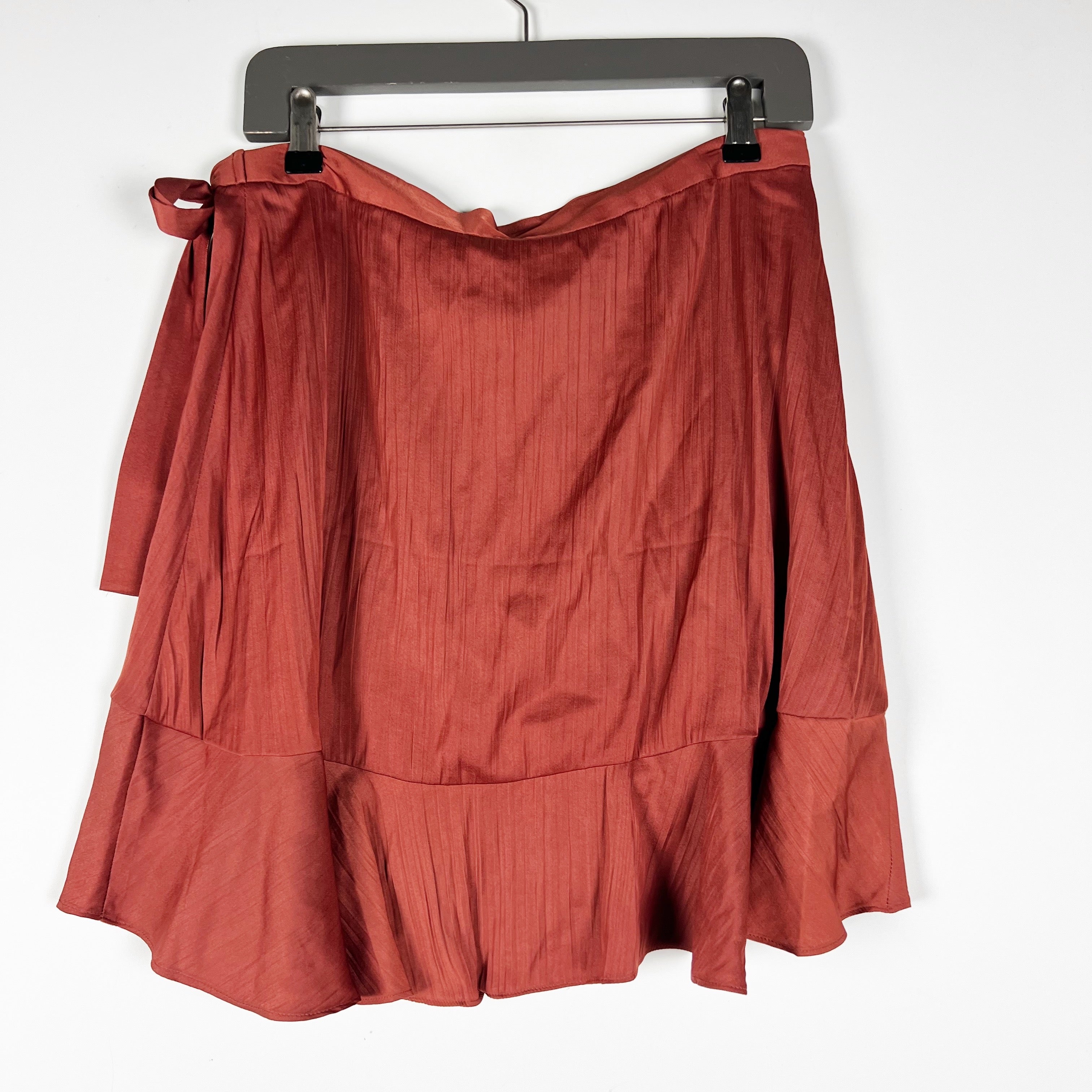 NEW Maeve Anthropologie Satin Multi Layer Ruffle Mini Wrap Skirt Rust Medium