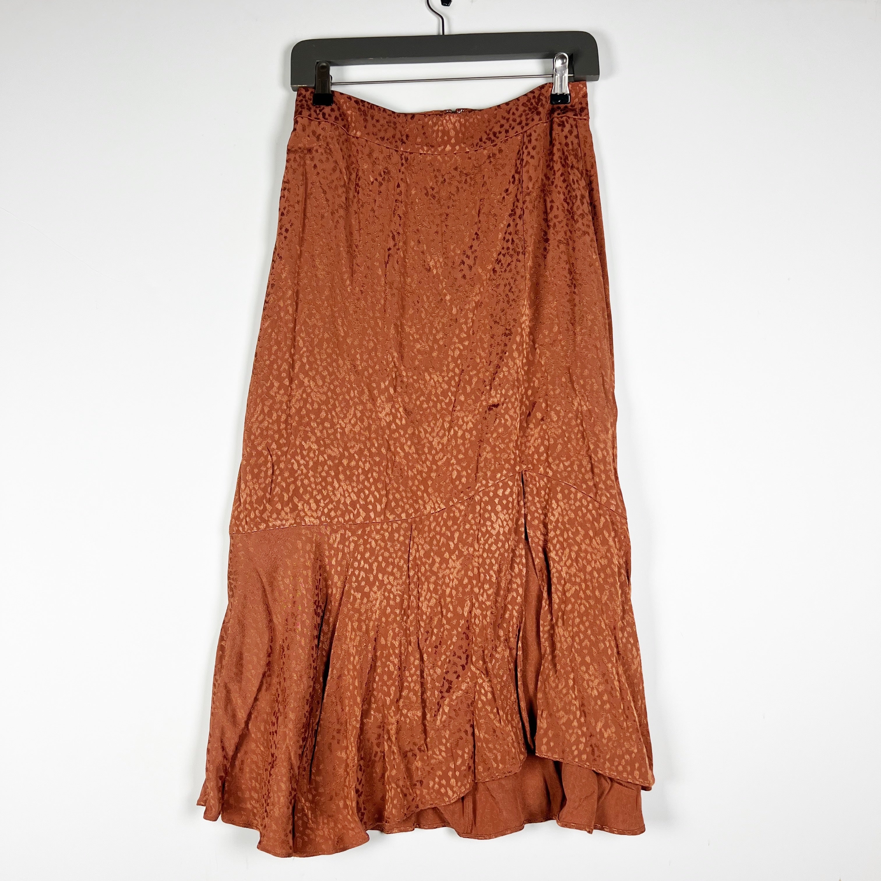 NEW Madewell Flounce Ruffle Hem Midi Skirt in Cheetah Jacquard Sheen Warm Umber