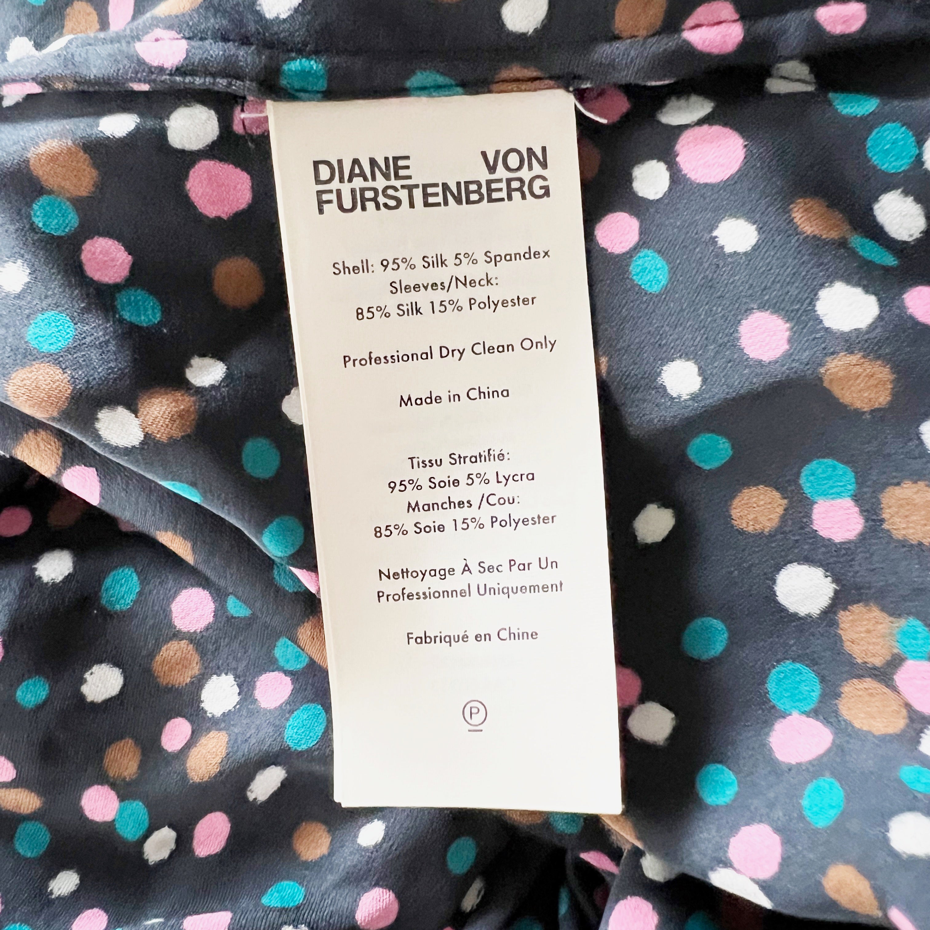 Diane Von Furstenberg Silk Chiffon Multicolor Polka Dot Print Ruffle Dress M