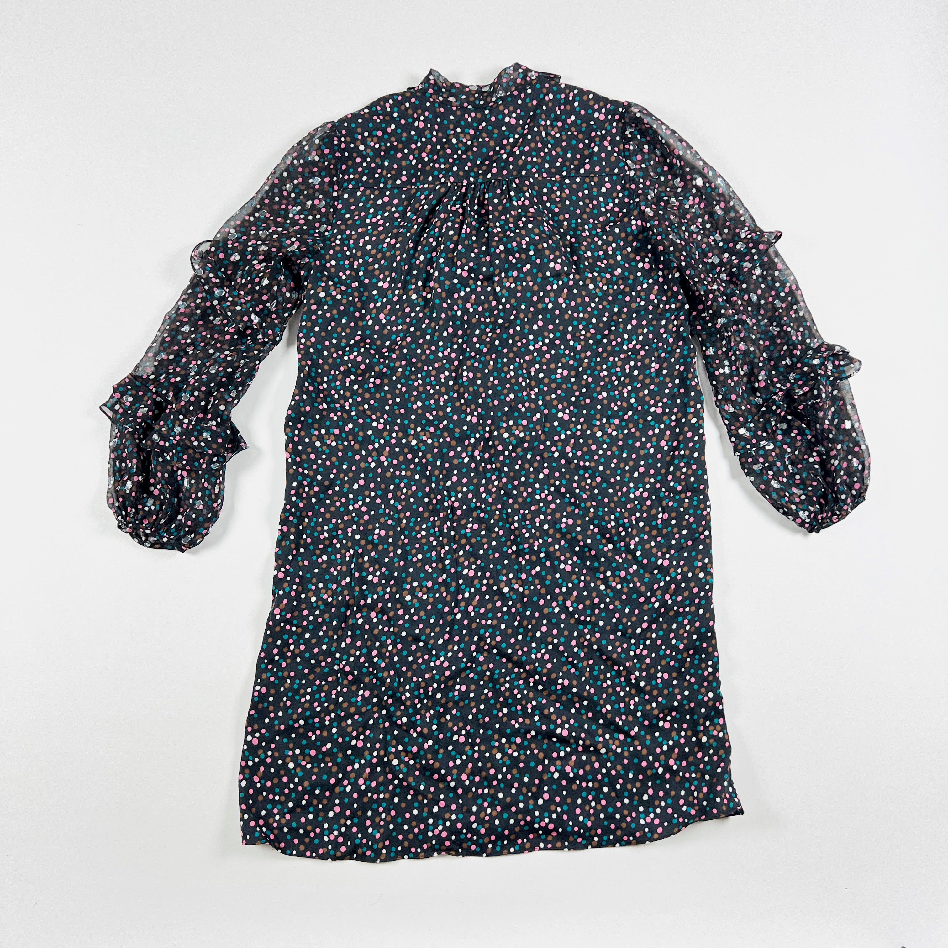 Diane Von Furstenberg Silk Chiffon Multicolor Polka Dot Print Ruffle Dress M