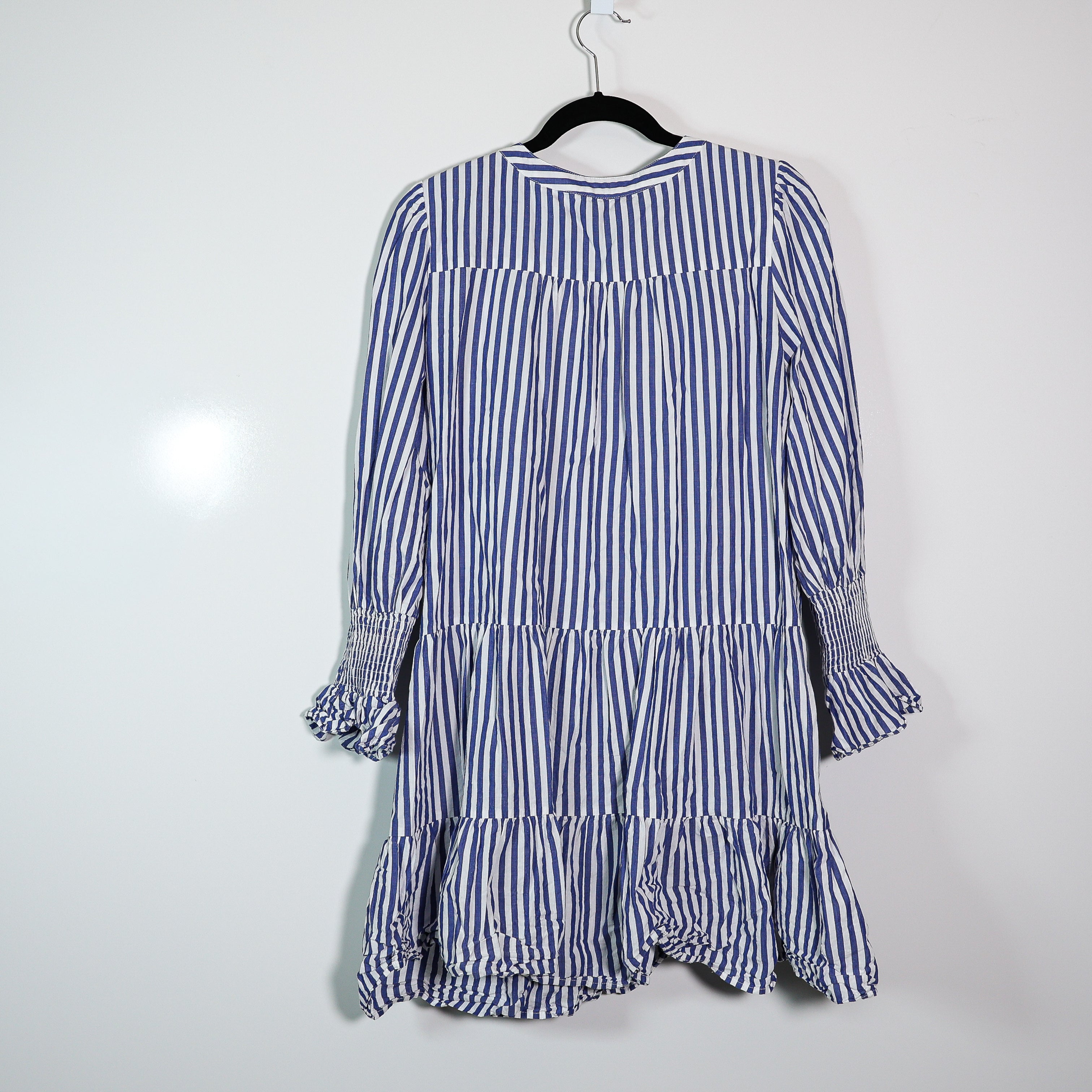Pomander Place Kenzo Blue White Stripe Print Pattern Tiered Cotton Poplin Dress