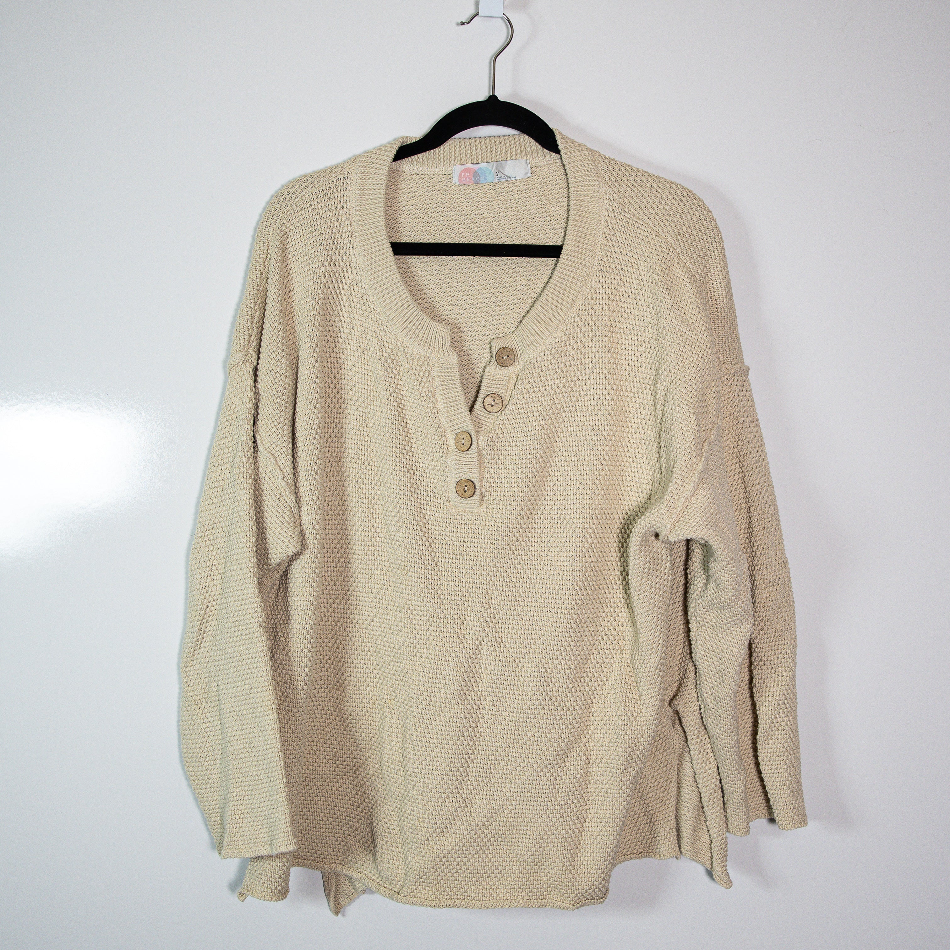 Free People Hailey Cotton Chunky Knit Stretch V Neck Pullover Sweater Alfalfa L