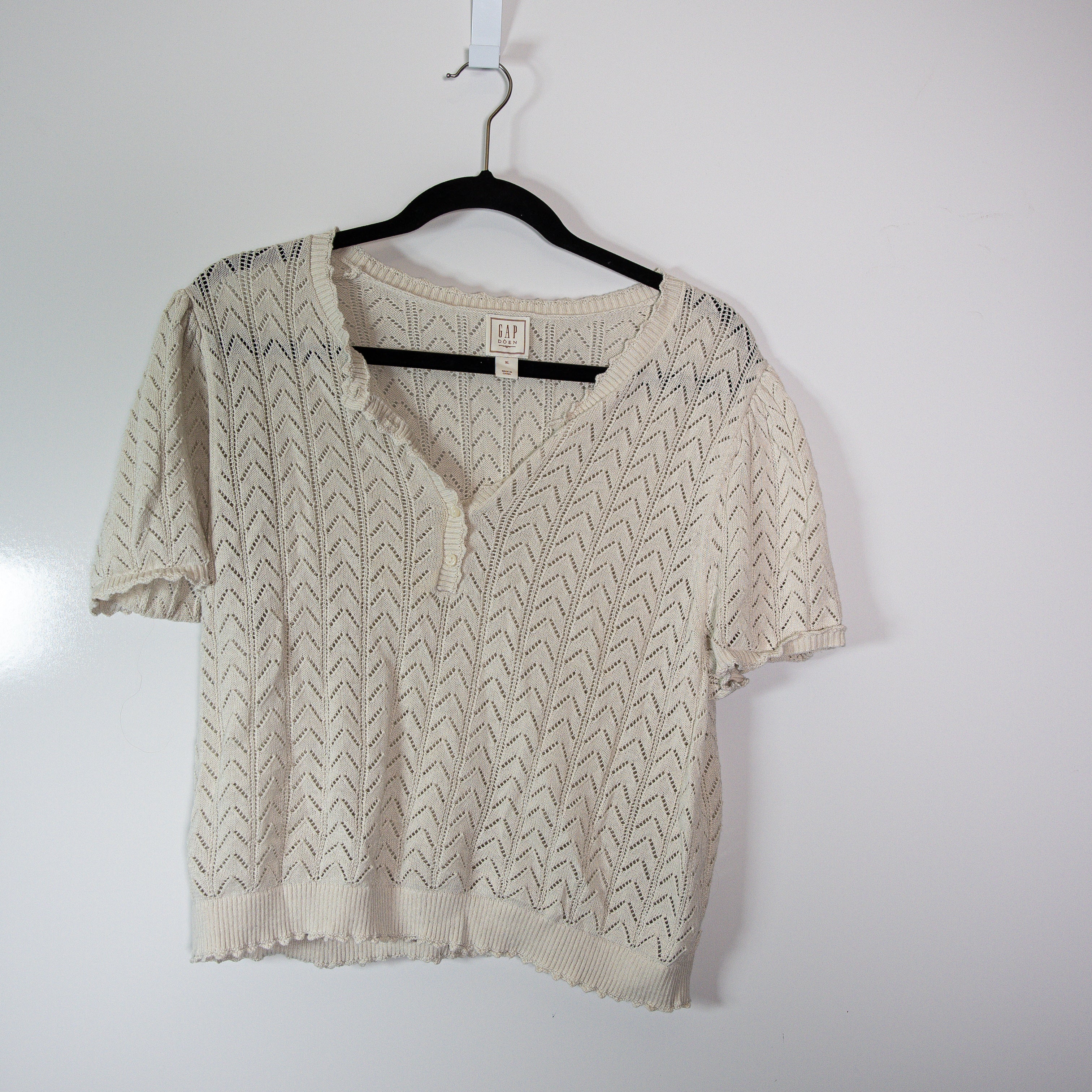 Gap x Doen Linen Blend Pointelle Knit Stretch Ruffle Collar Pullover Sweater XL