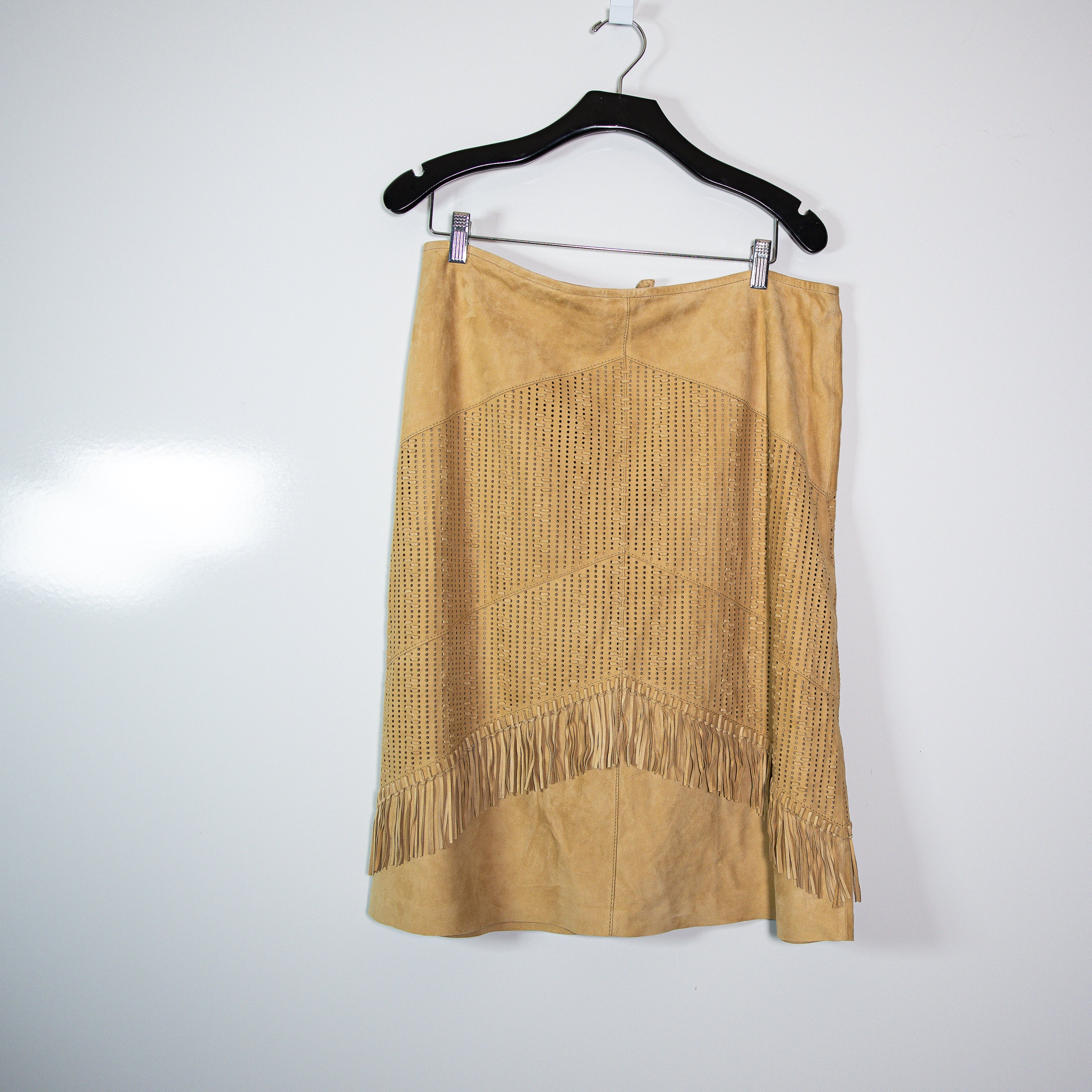 Lafayette 148 Genuine Suede Perforated Tassel Fringe Straight Pencil Skirt 12