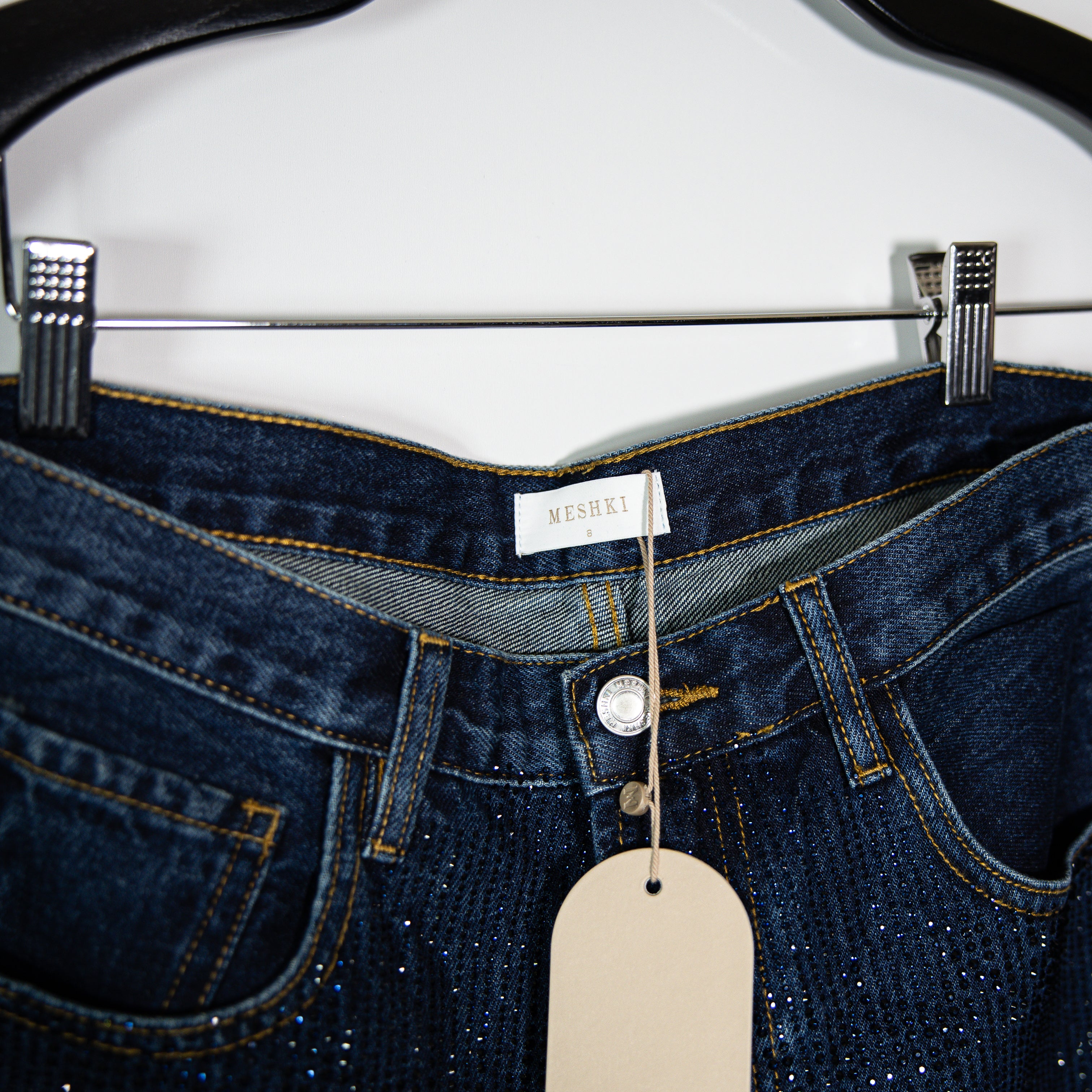 NEW Meshki Laina Mid Rise Diamante Jewel Crystal Denim Jeans Midnight Blue 8