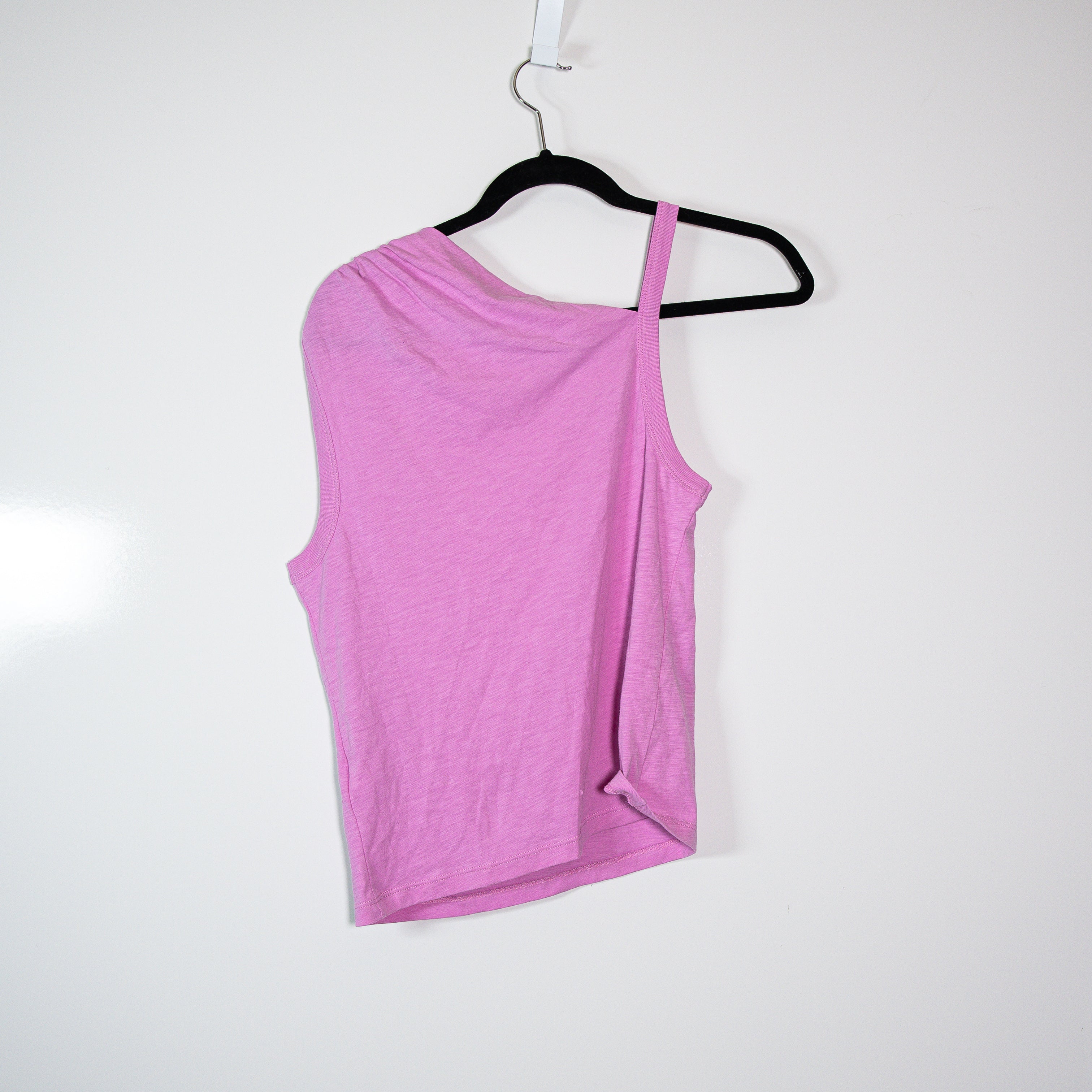 Nation Los Angeles Quin Asymmetrical Ruched Shoulder Cotton Tee Shirt Top Dahlia