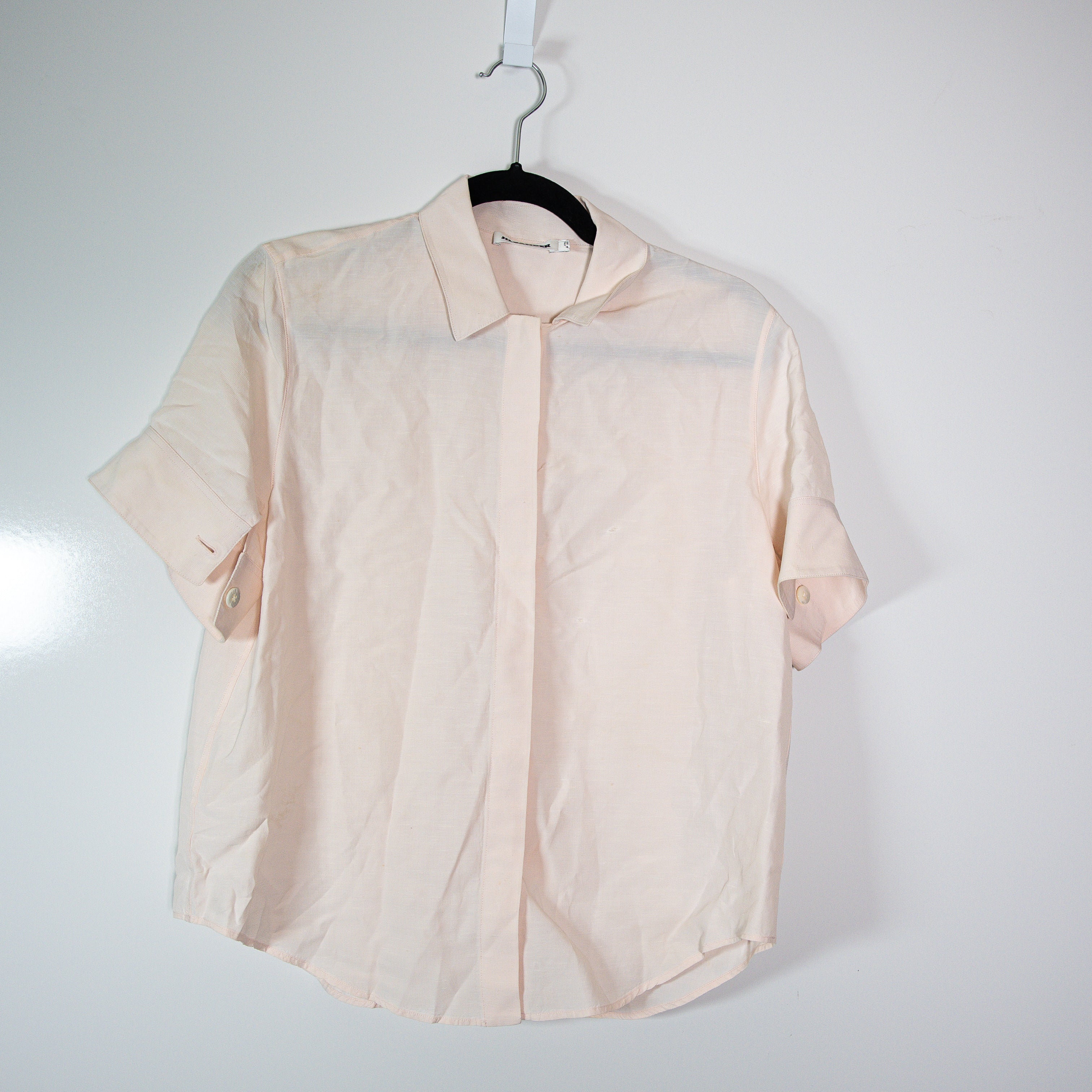Jil Sander Made In Italy Linen Blend Short Sleeve Collared Button Down Blouse S