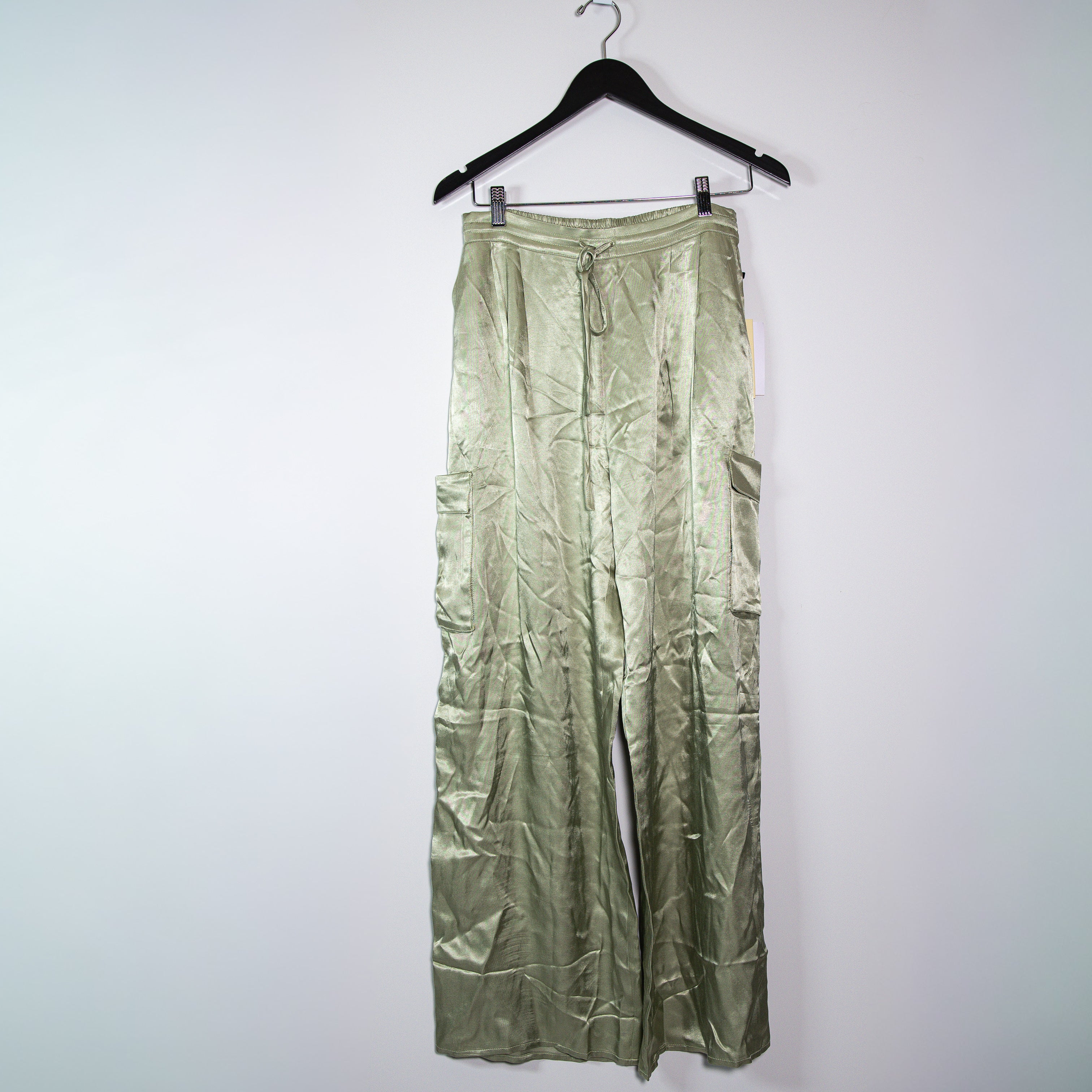 NEW Nation LTD Romeo Straight Leg Satin Cargo Pocket Trouser Pants Olive Oil S