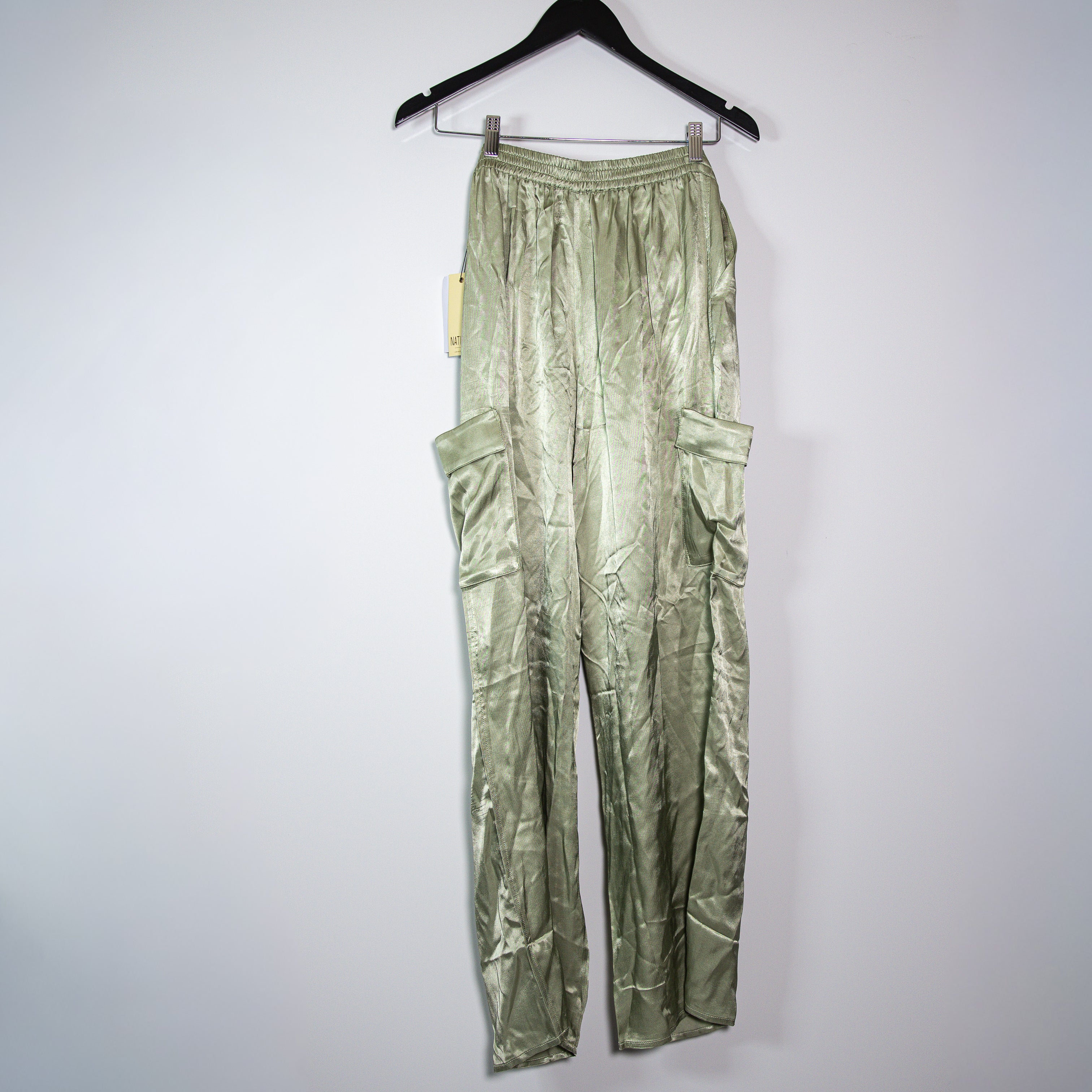 NEW Nation LTD Romeo Straight Leg Satin Cargo Pocket Trouser Pants Olive Oil S