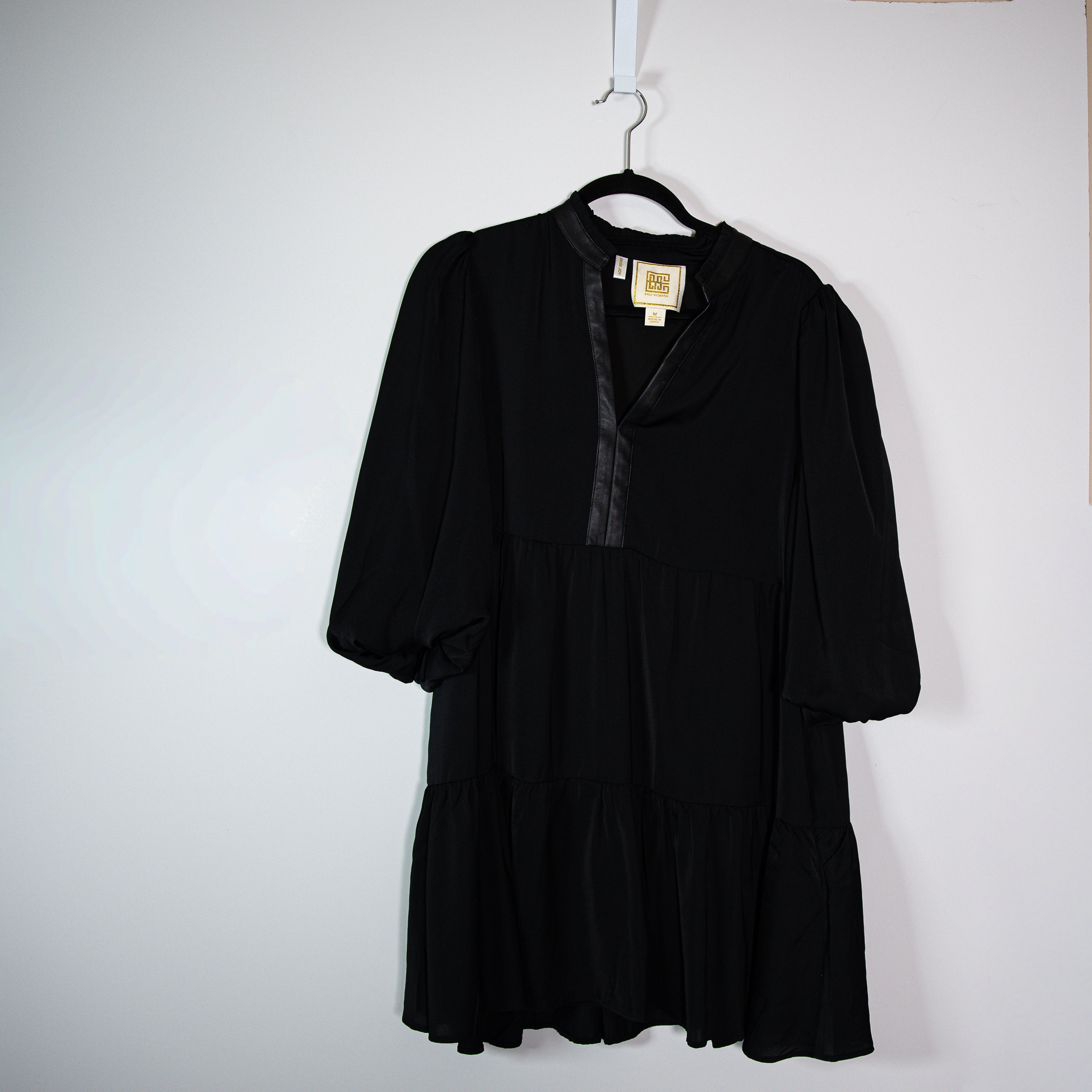 Emily McCarthy Satin Tiered Ruffle V Neck Faux Vegan Leather Trim Mini Dress M