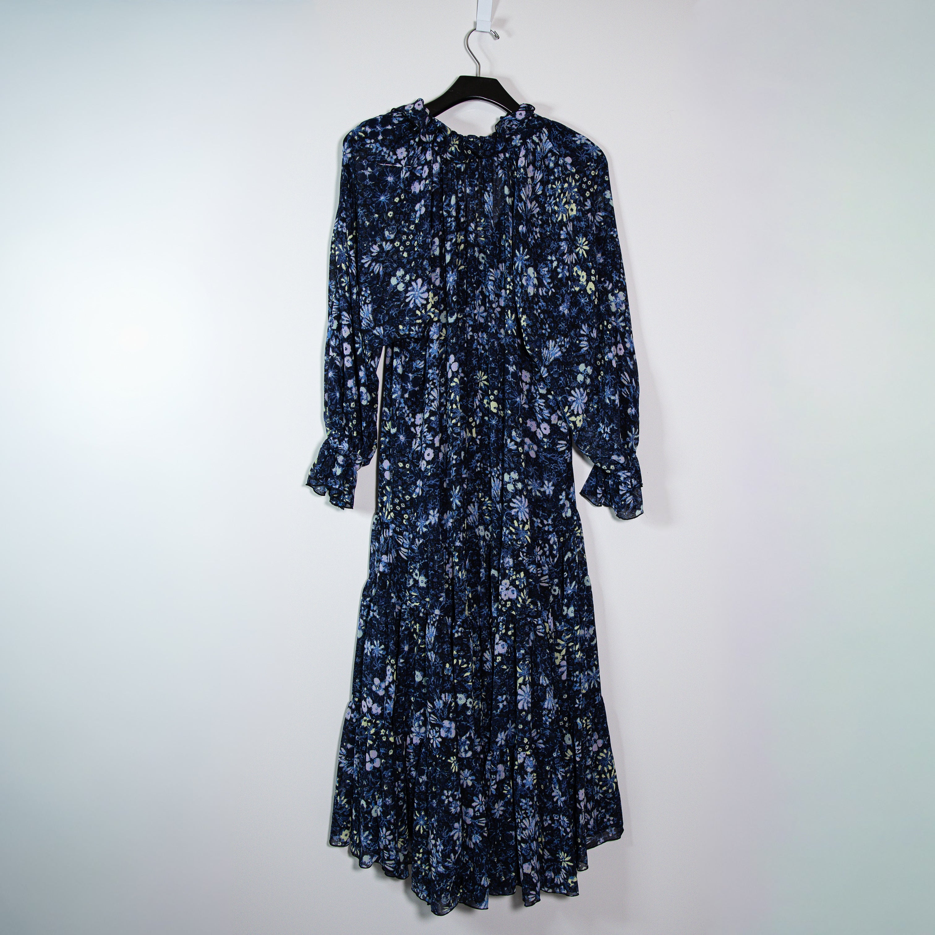 Free People Feeling Groovy Blue Floral Flower Border Print Chiffon Maxi Dress XS