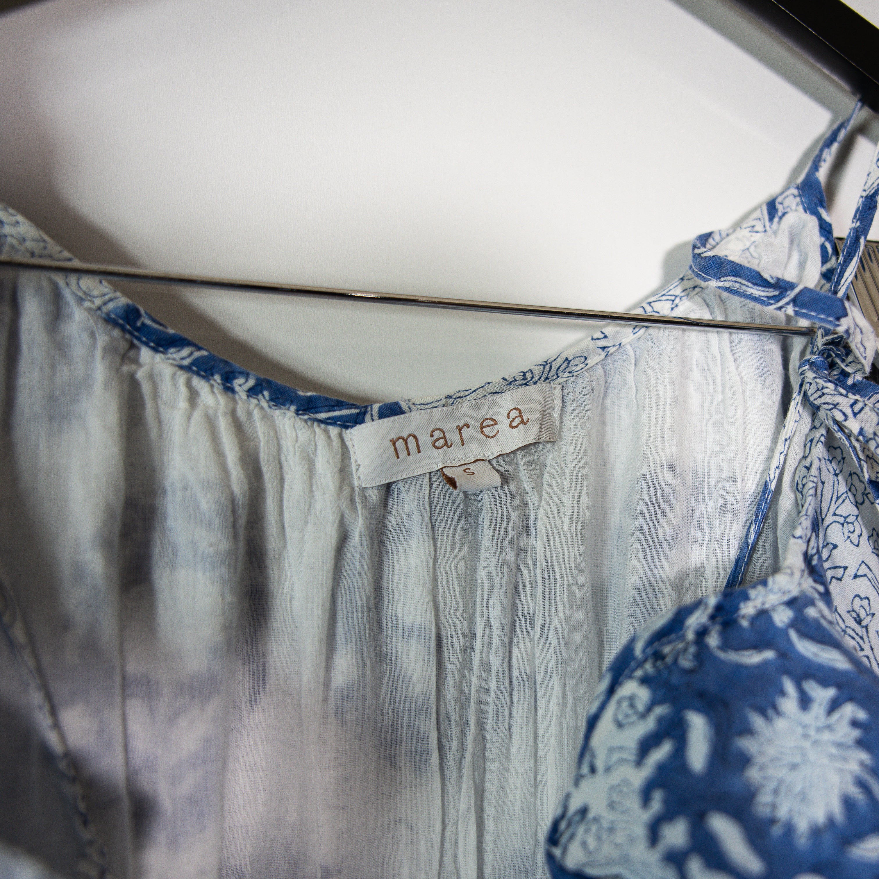 Marea Siesta Cotton Tie Shoulder Button Front Maxi Dress Blue White Multi Small