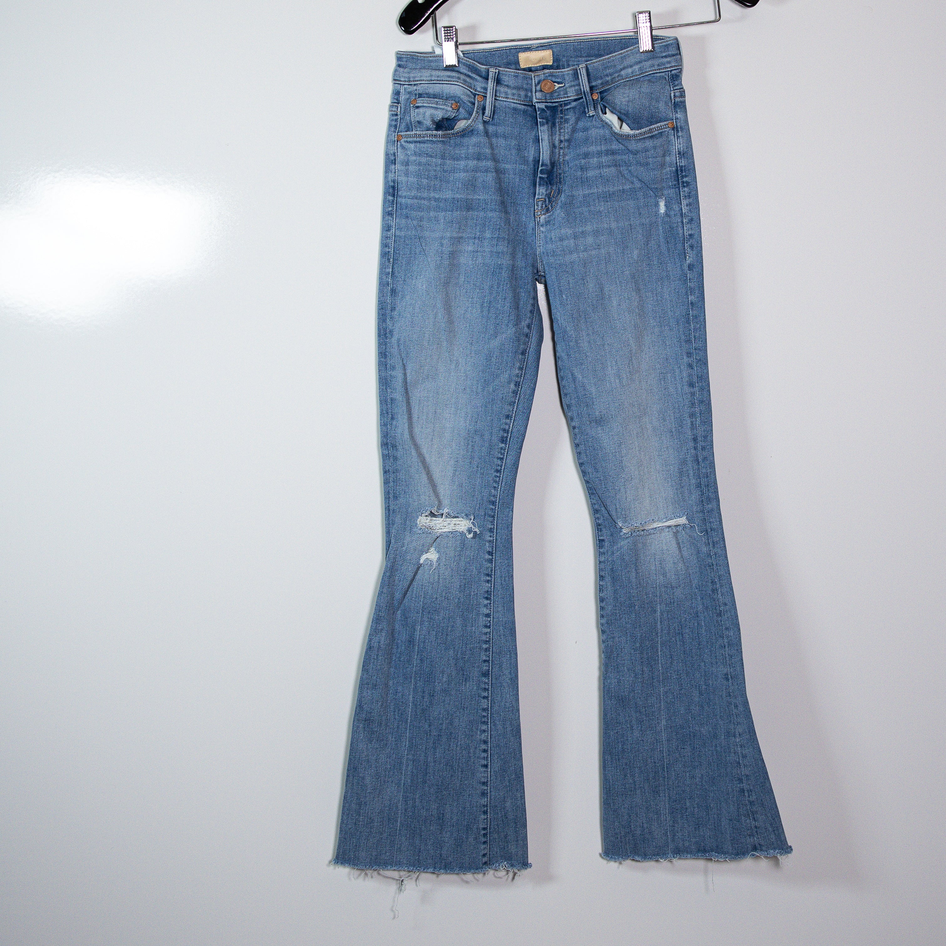 Mother Denim The Weekender Fray Cotton Stretch Flare Leg Dreamer Wash Blue 27