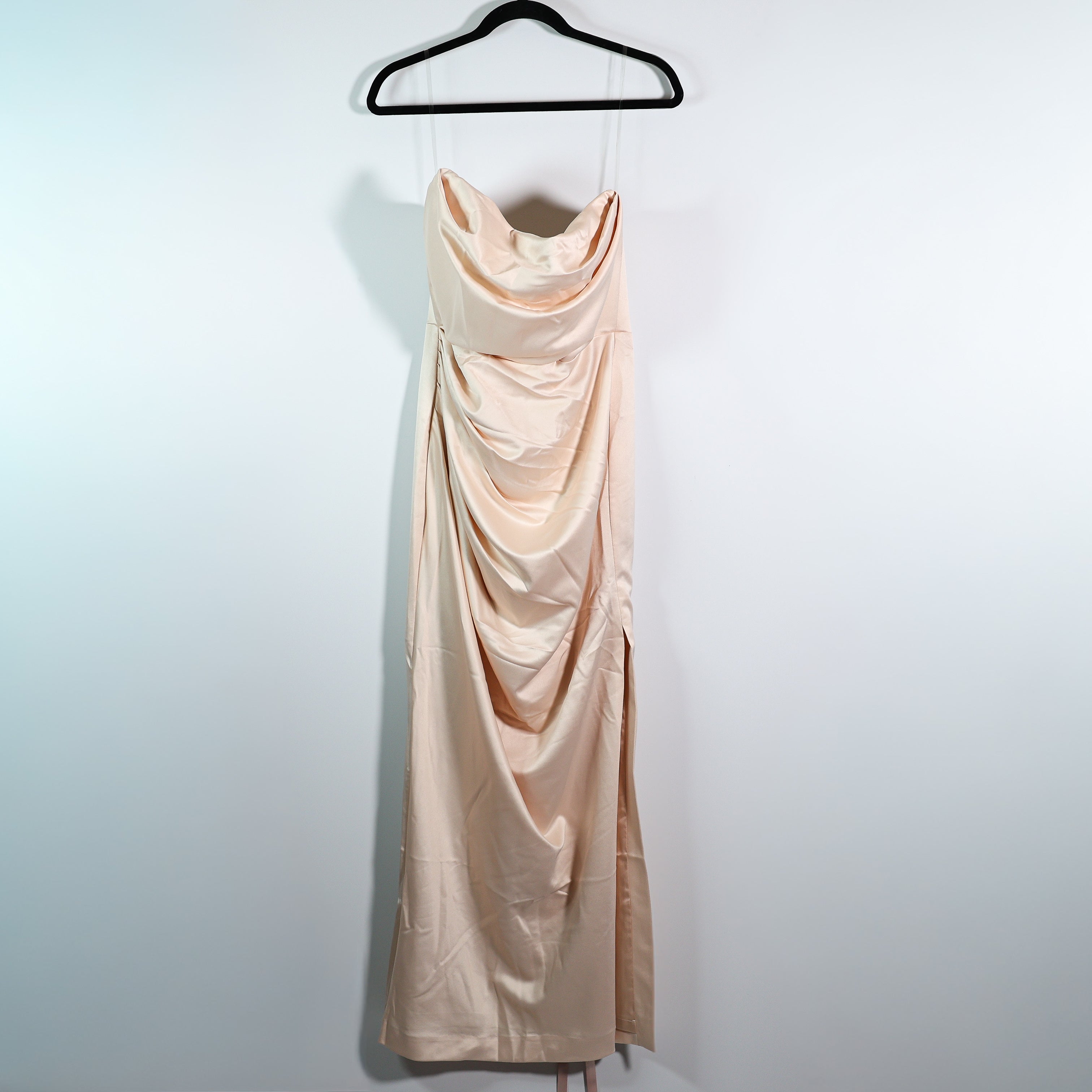 NEW House Of CB Adrienne Satin Stretch Draped Strapless Gown Dress Champagne L