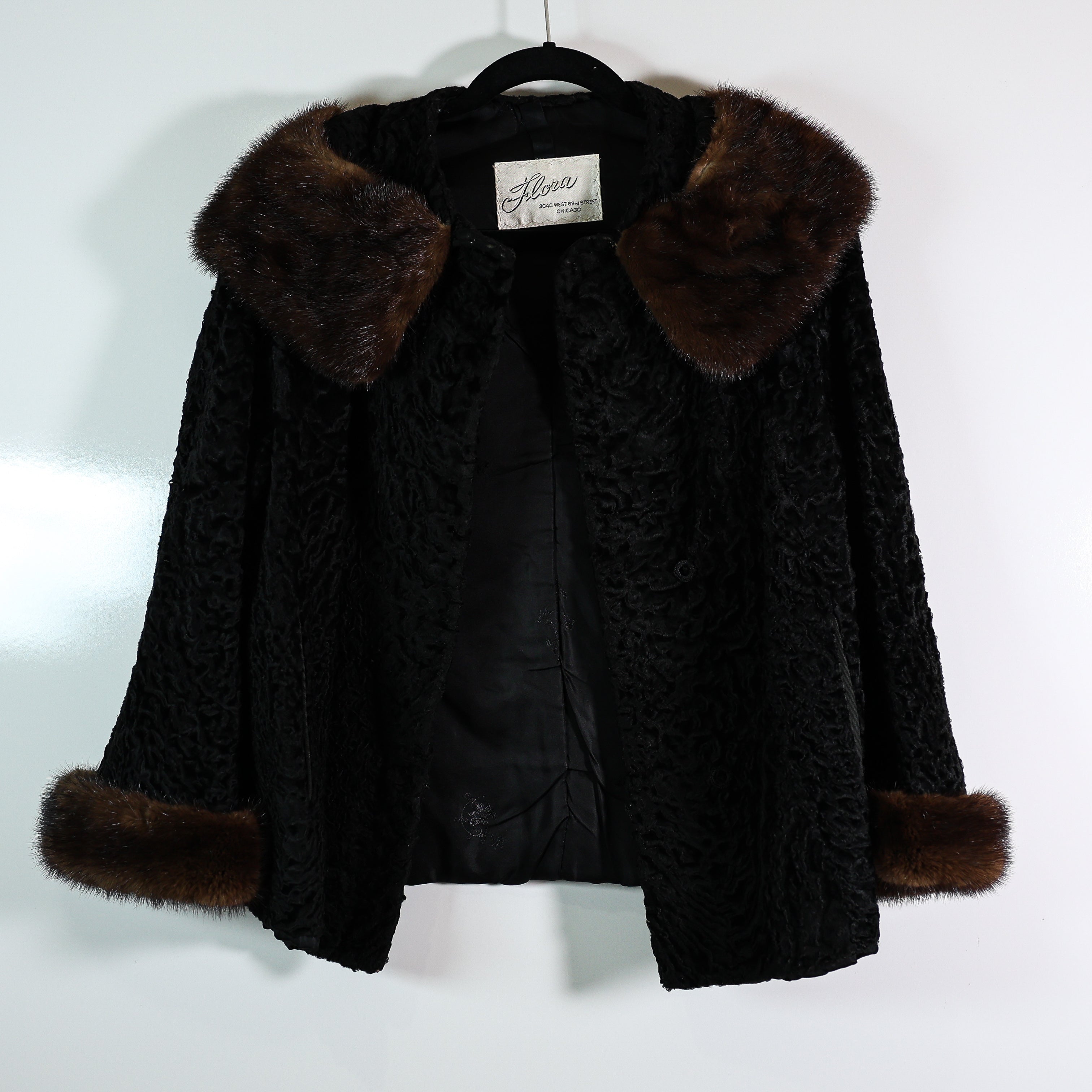 Vintage Flora Shearling Lamb Fox Fur Trim Collar Sleeve Black Brown Coat Jacket