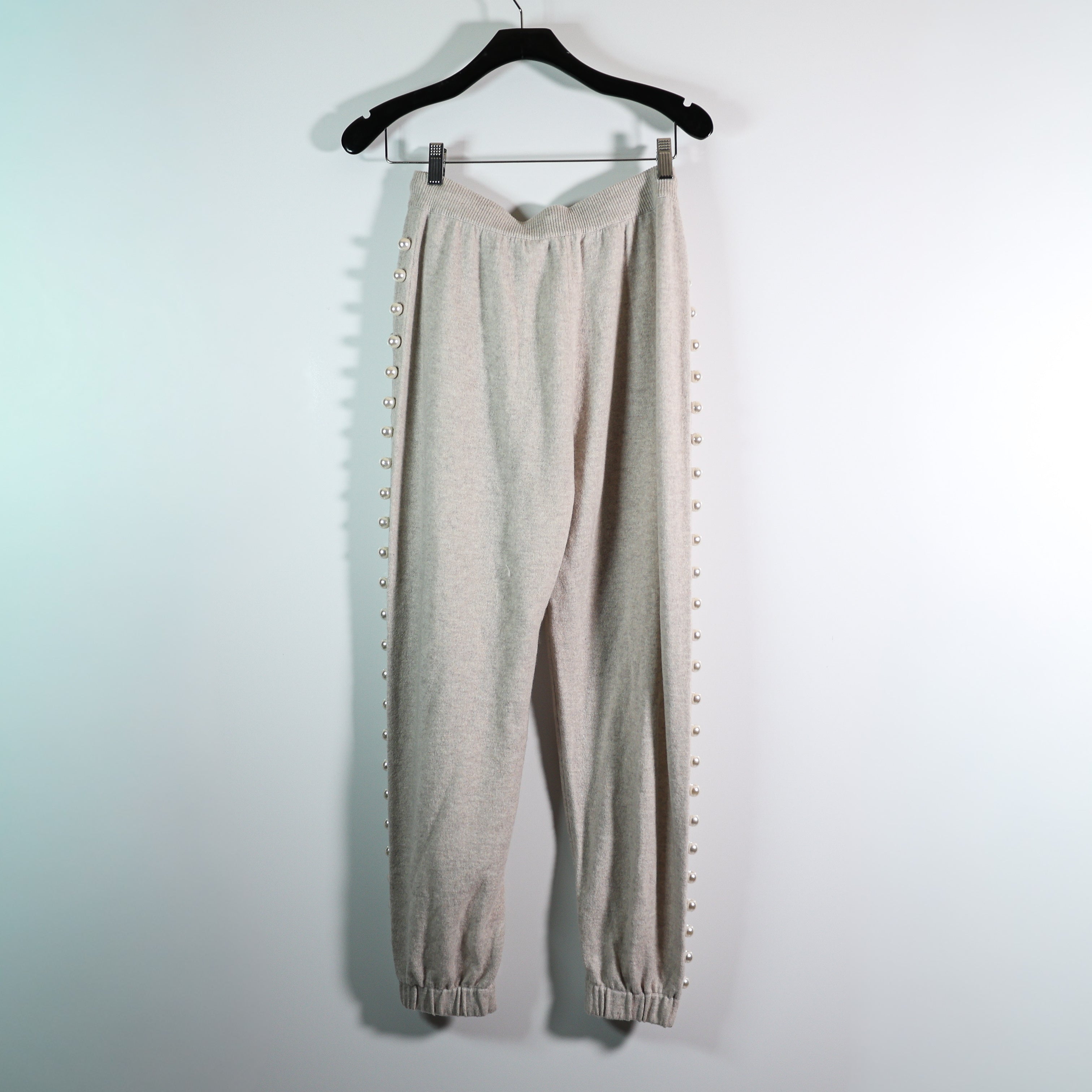 NEW SOH Cashmere Wool Sea Pearl Embellished Trim Sweater Knit Jogger Pants Gray