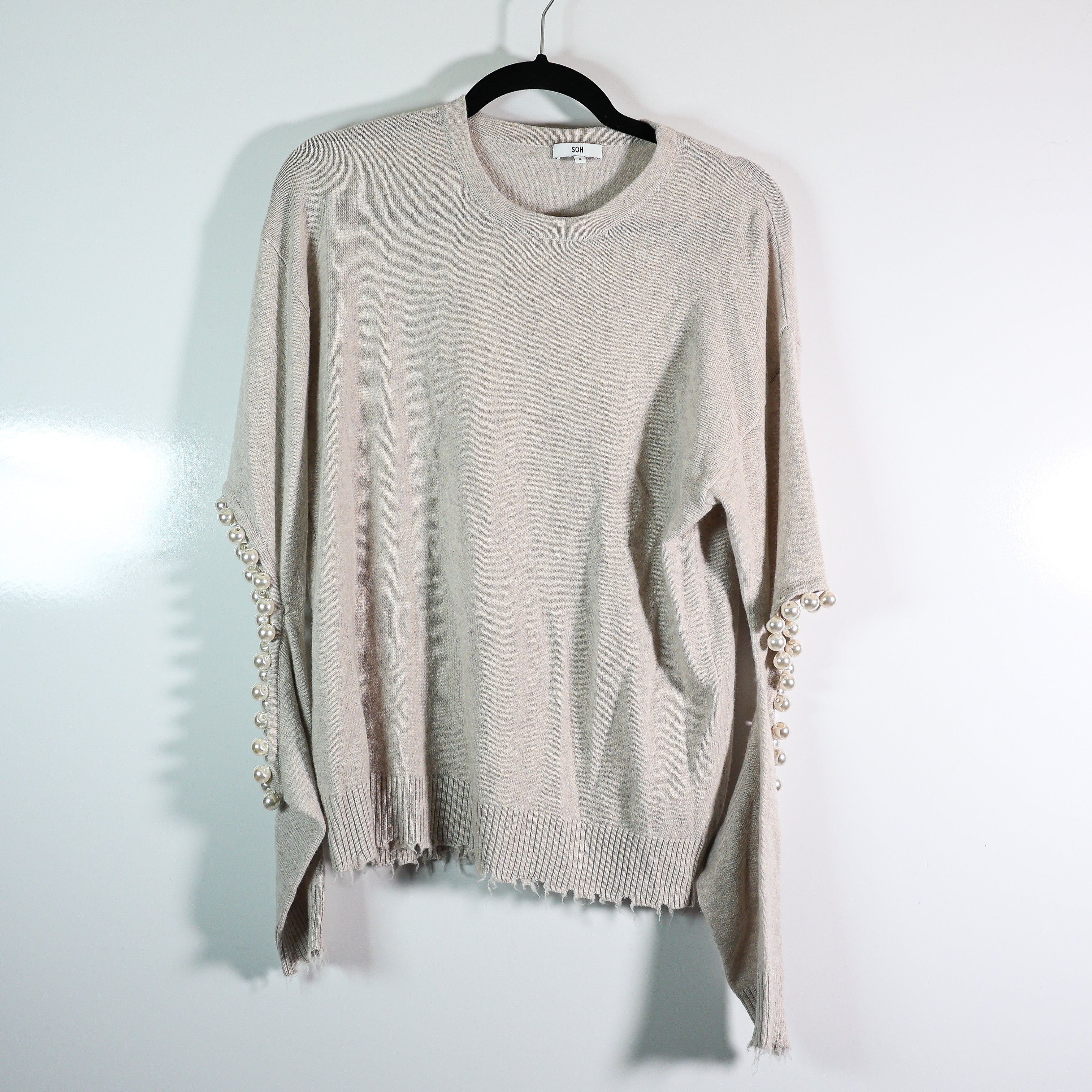 SOH Cashmere Wool Blend Knit Pearl Trim Cut Out Sleeve Pullover Sweater Gray S