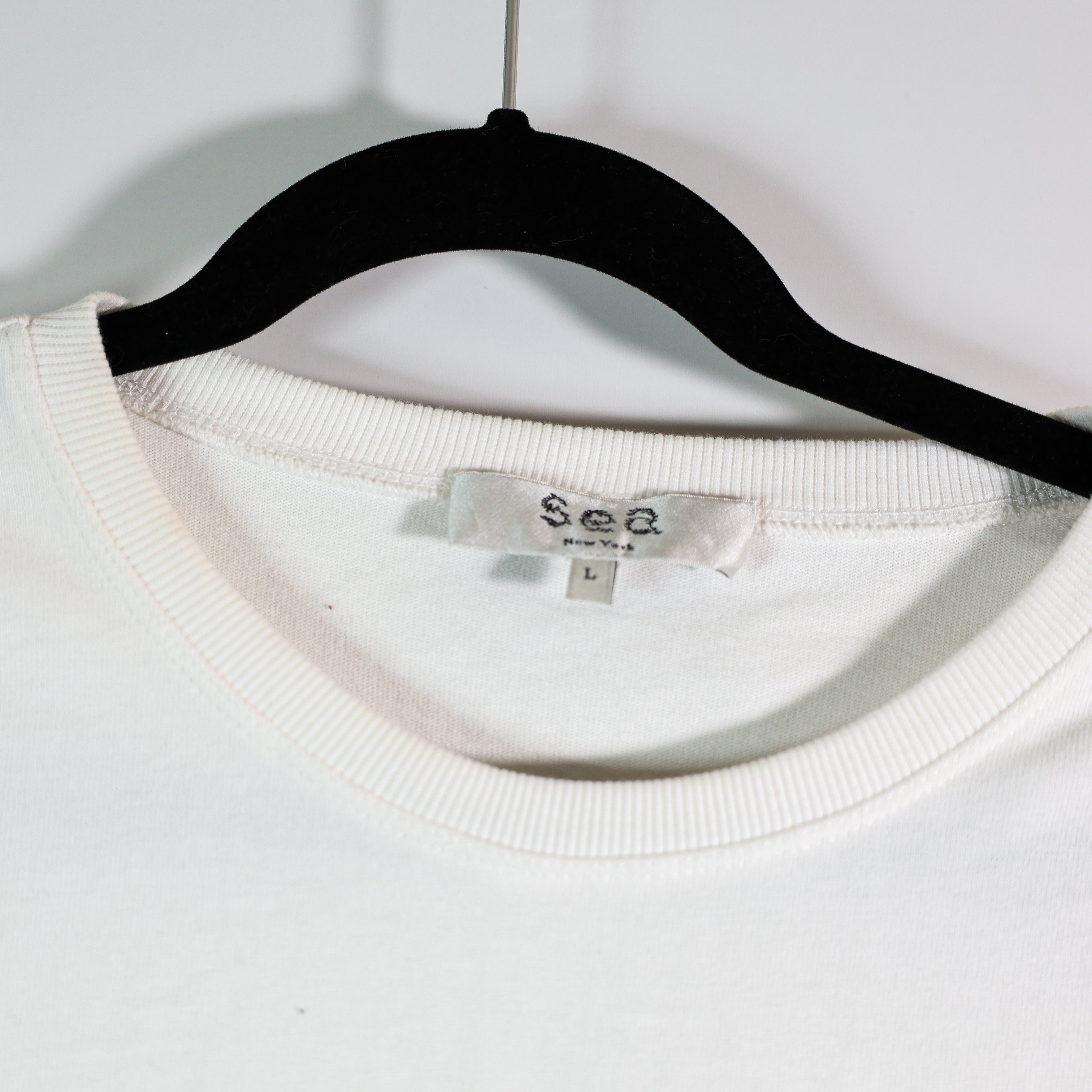 Sea New York Olive Cotton Silk Semi Sheer Pleated Long Sleeve Tee Shirt White L