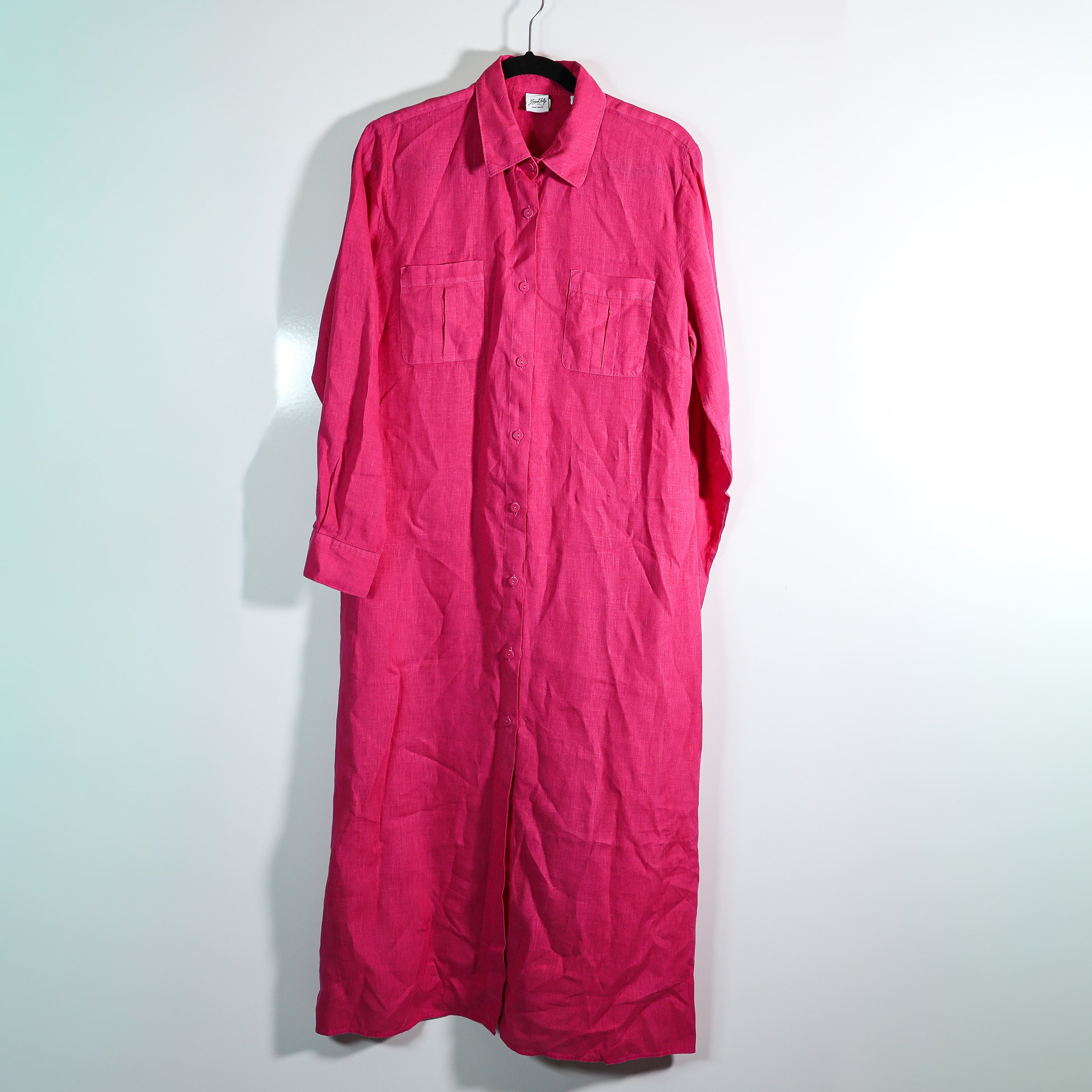 Jacques Zolty Saint Barth Linen Collared Long Sleeve Button Down Midi Dress Pink