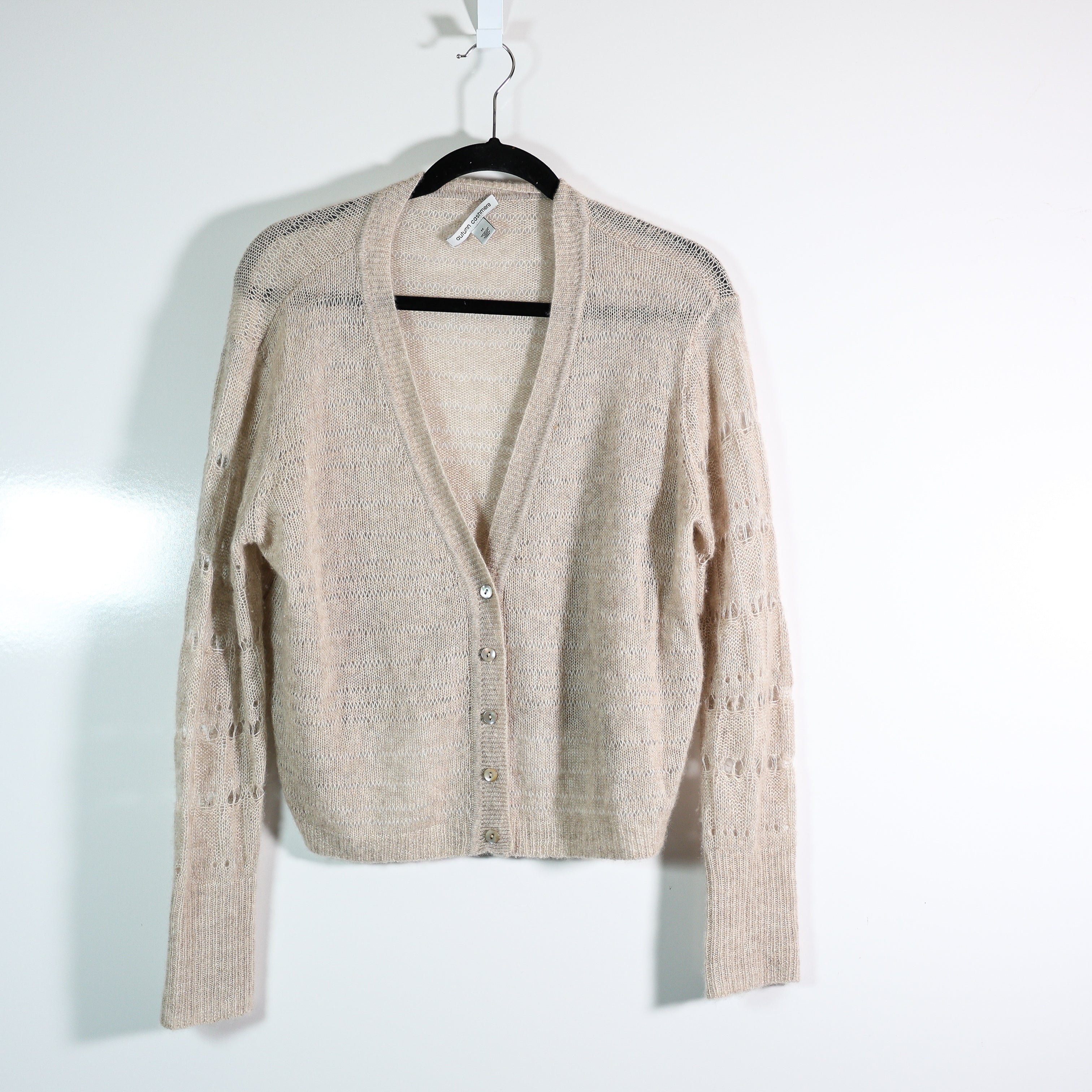 Autumn Cashmere Silk Cashmere Knit Stretch Distressed Cardigan Sweater Beige M