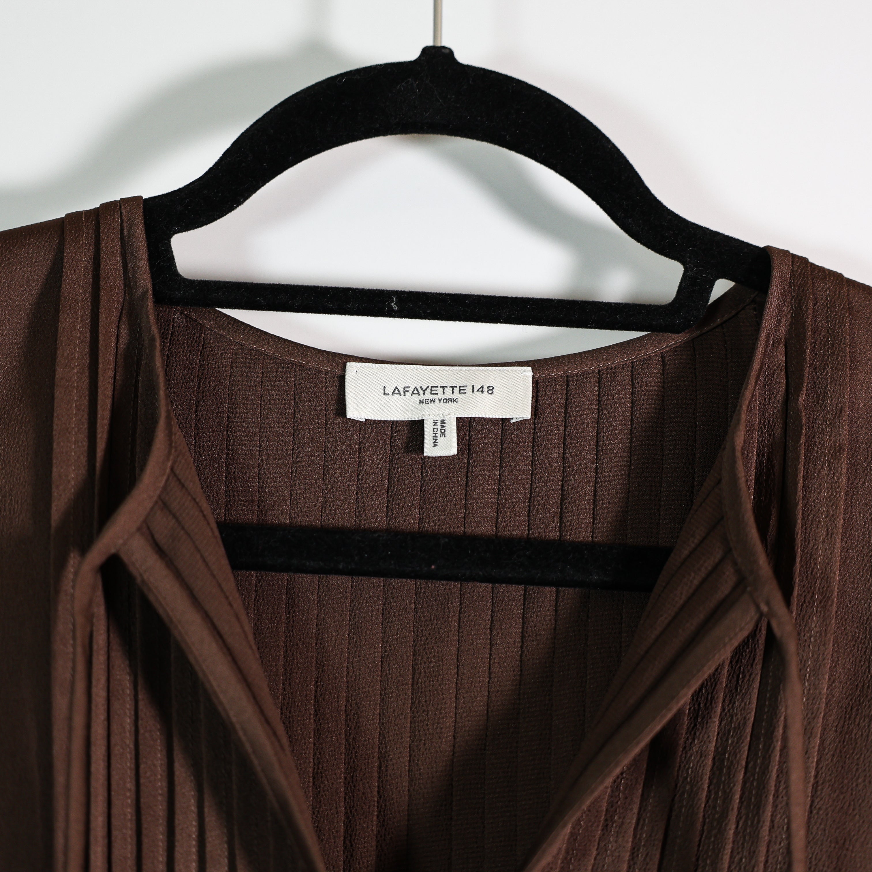 Lafayette 148 Pintuck Blouson Long Sleeve Tie Neck Satin Blouse Shirt Top Wood M