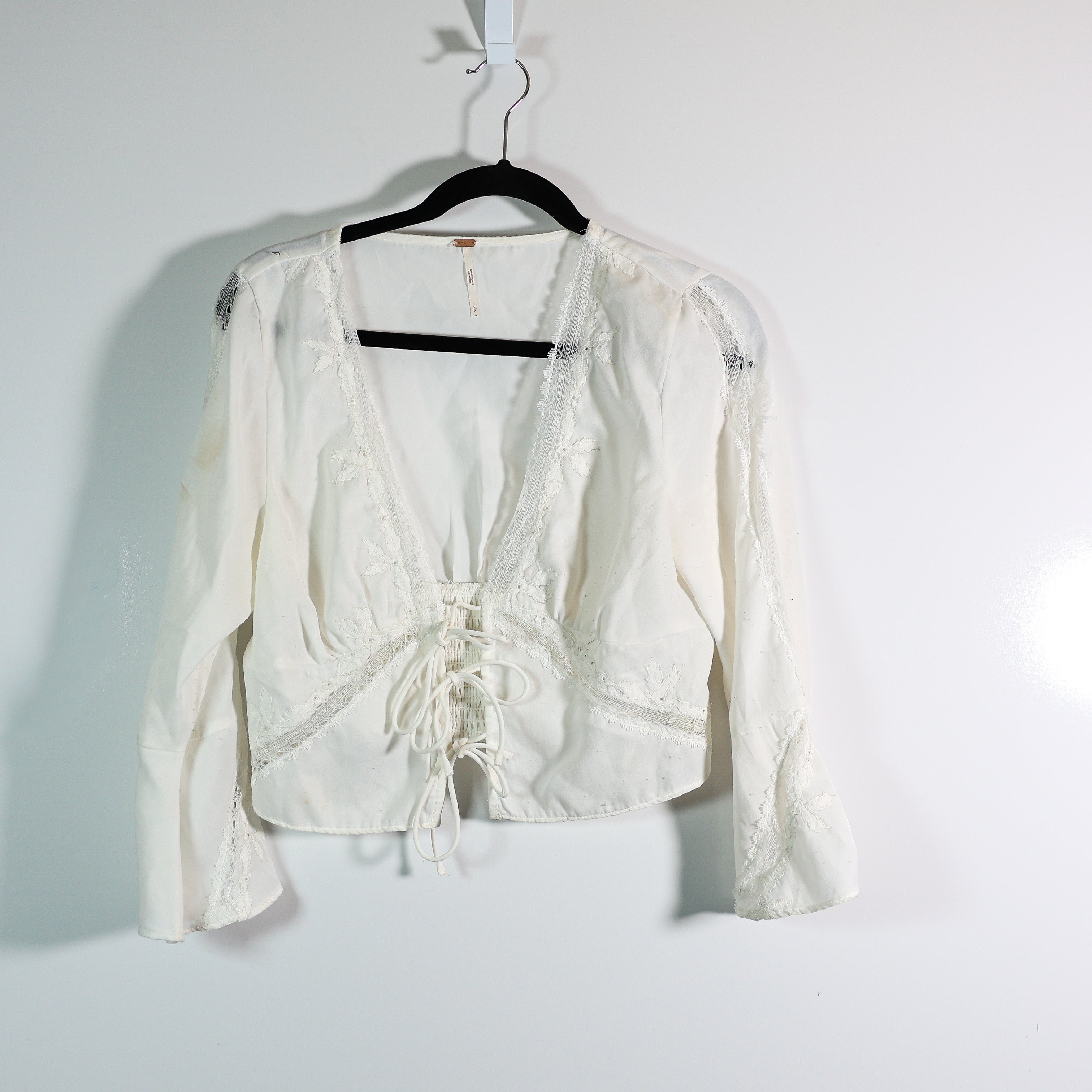 Free People Lola Sateen Lace V Neck Lace Up Bell Long Sleeve Blouse Shirt Top S