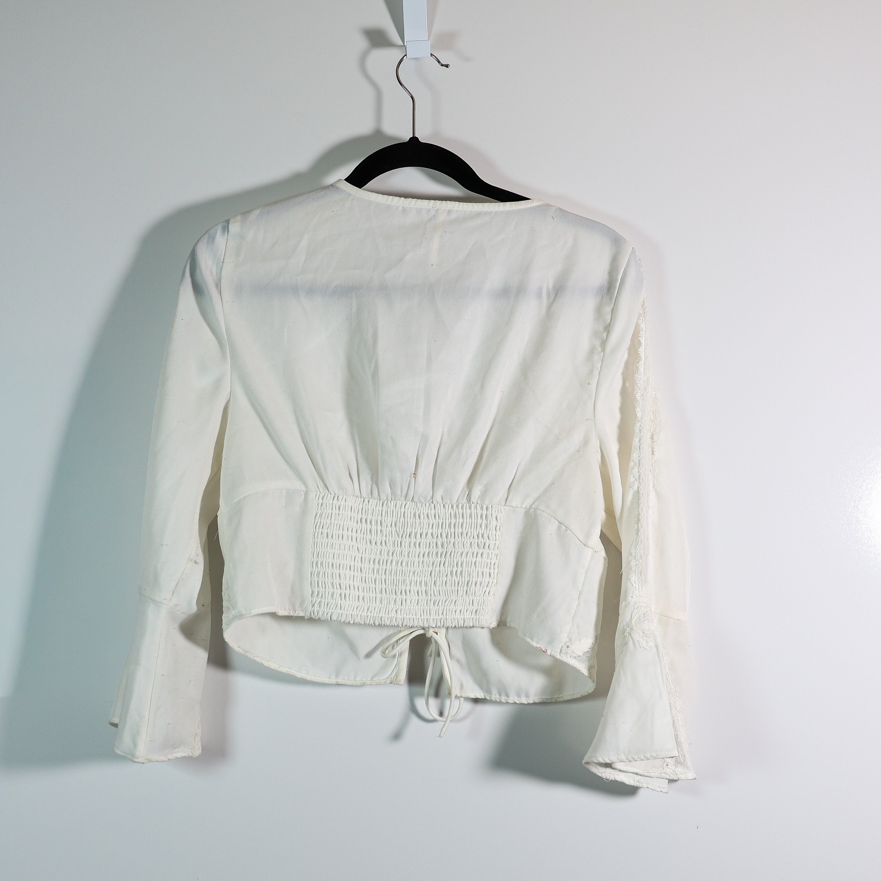 Free People Lola Sateen Lace V Neck Lace Up Bell Long Sleeve Blouse Shirt Top S