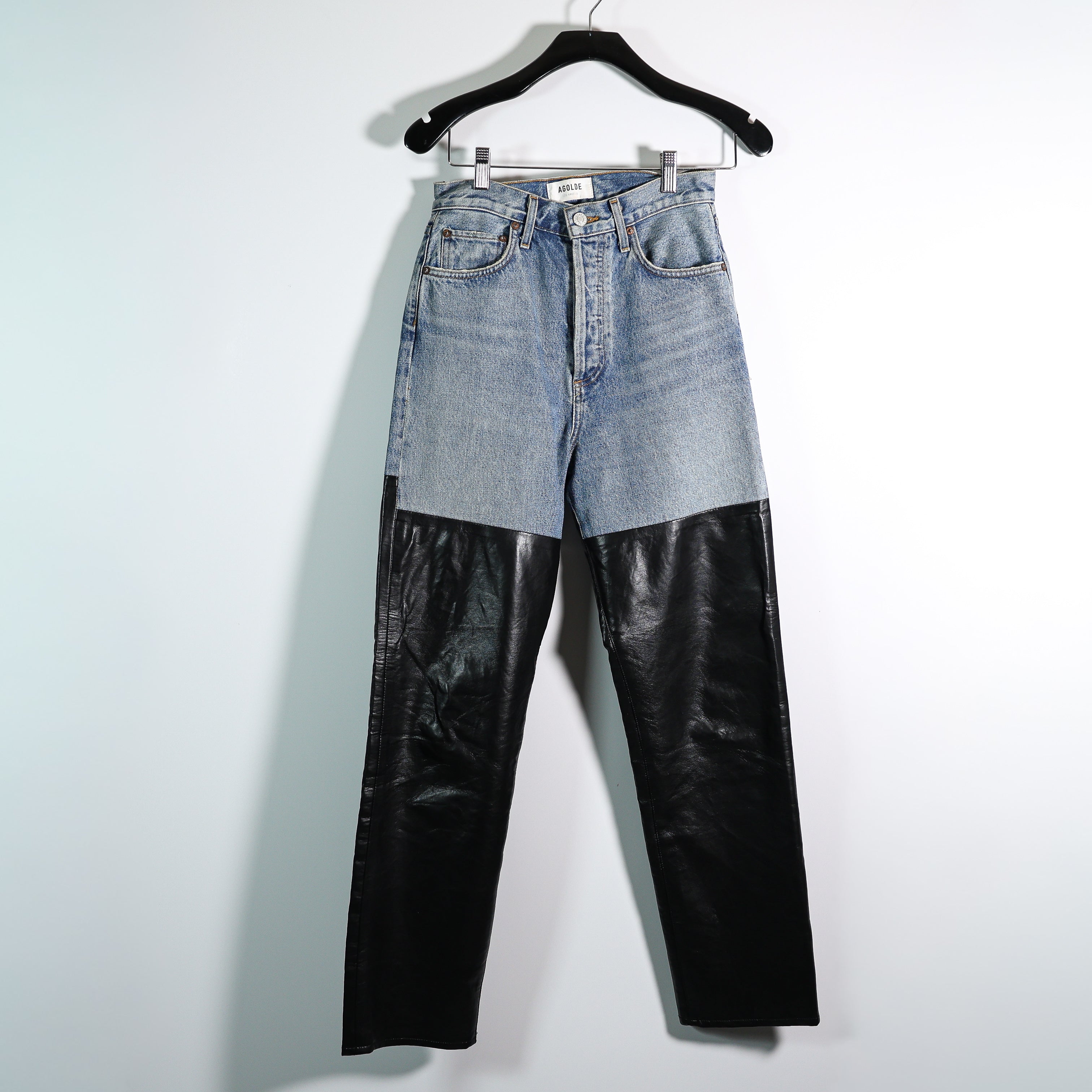 Agolde Pieced 90's Pinch Waist Genuine Leather Cotton Denim Straight Leg Jeans