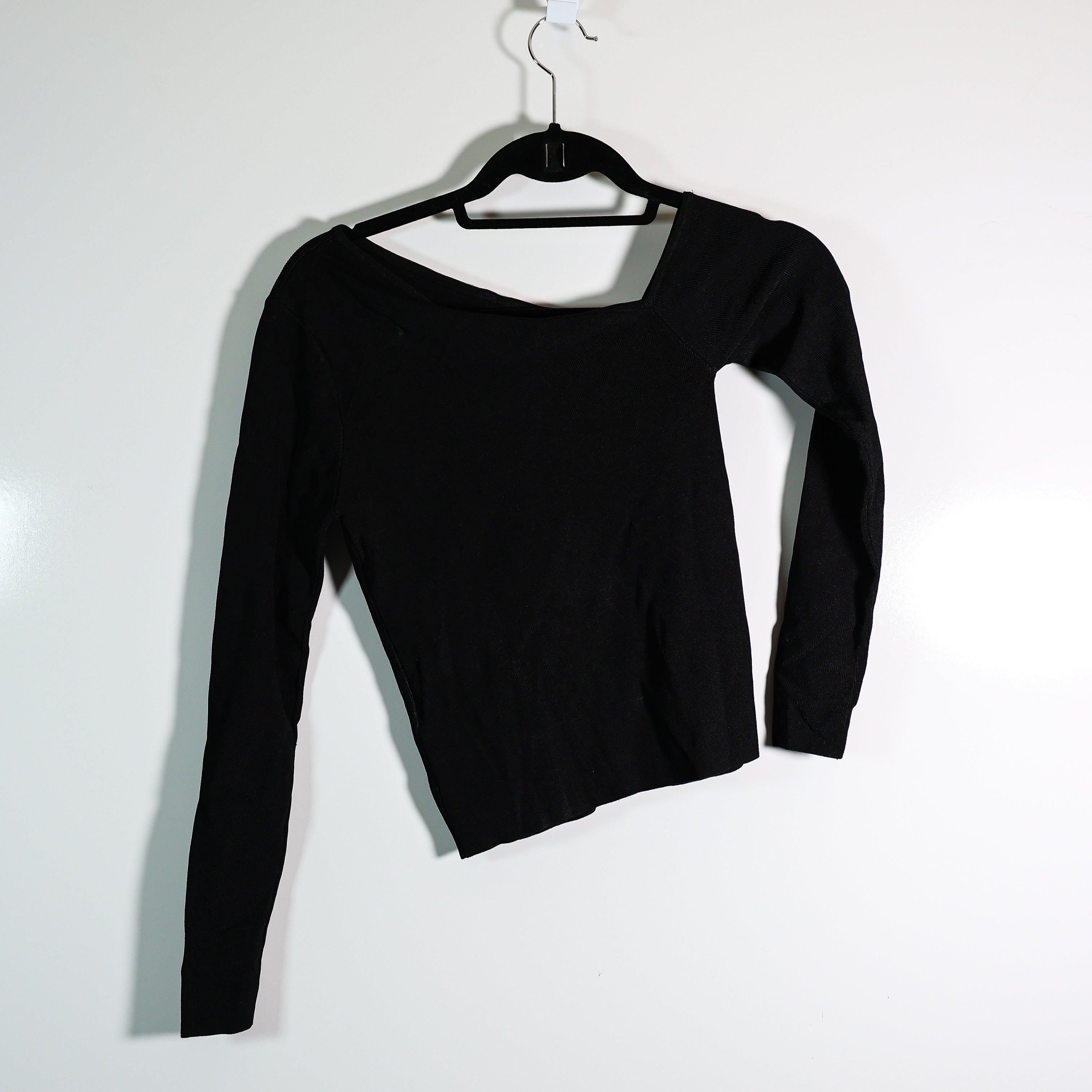 NEW Zara Ribbed Knit Stretch Asymmetrical Collar Long Sleeve Blouse Shirt Top S