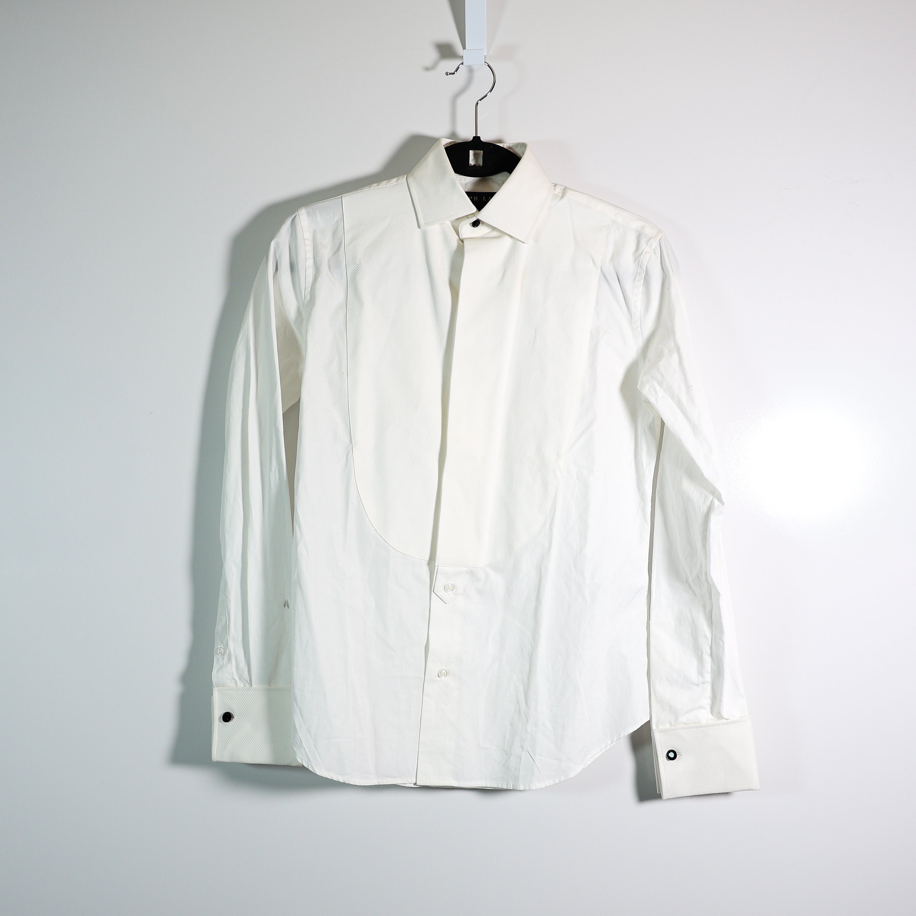 Ralph Lauren Black Label Cotton Poplin Collared Tuxedo Button Front Shirt White