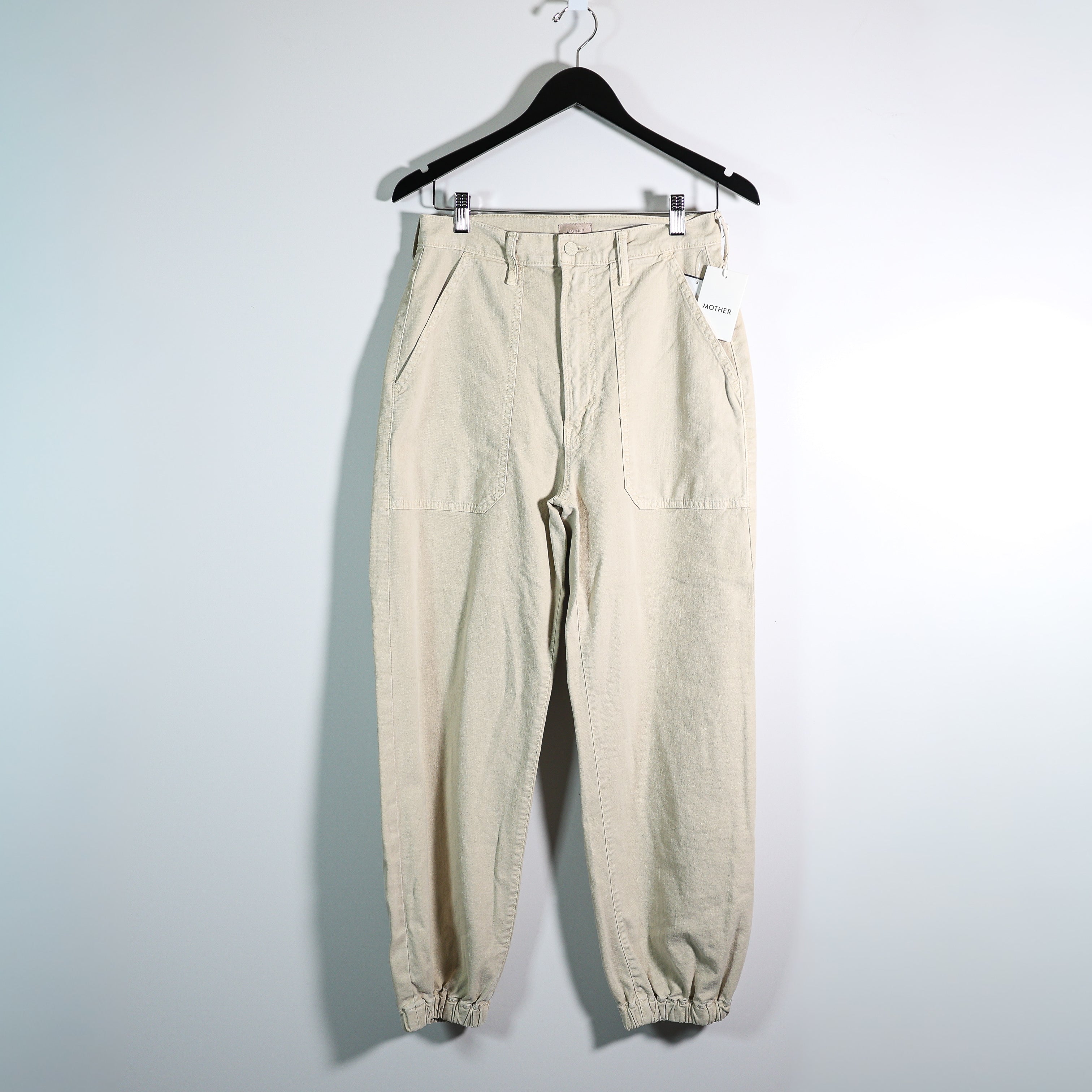 NEW Mother Denim The Wrapper Patch Springy Ankle Cotton Pants Chalk Tapioca 28