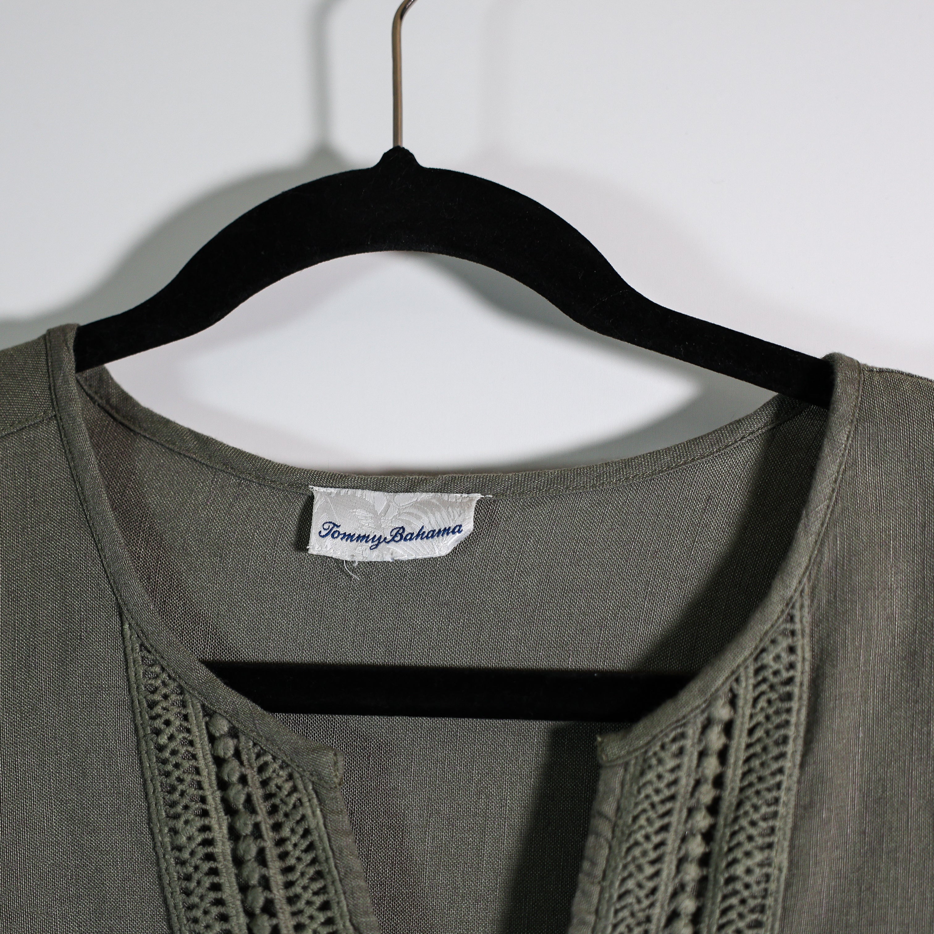 Tommy Bahama Linen Crochet Eyelet Embroidered V Neck Pullover Mini Dress Green M