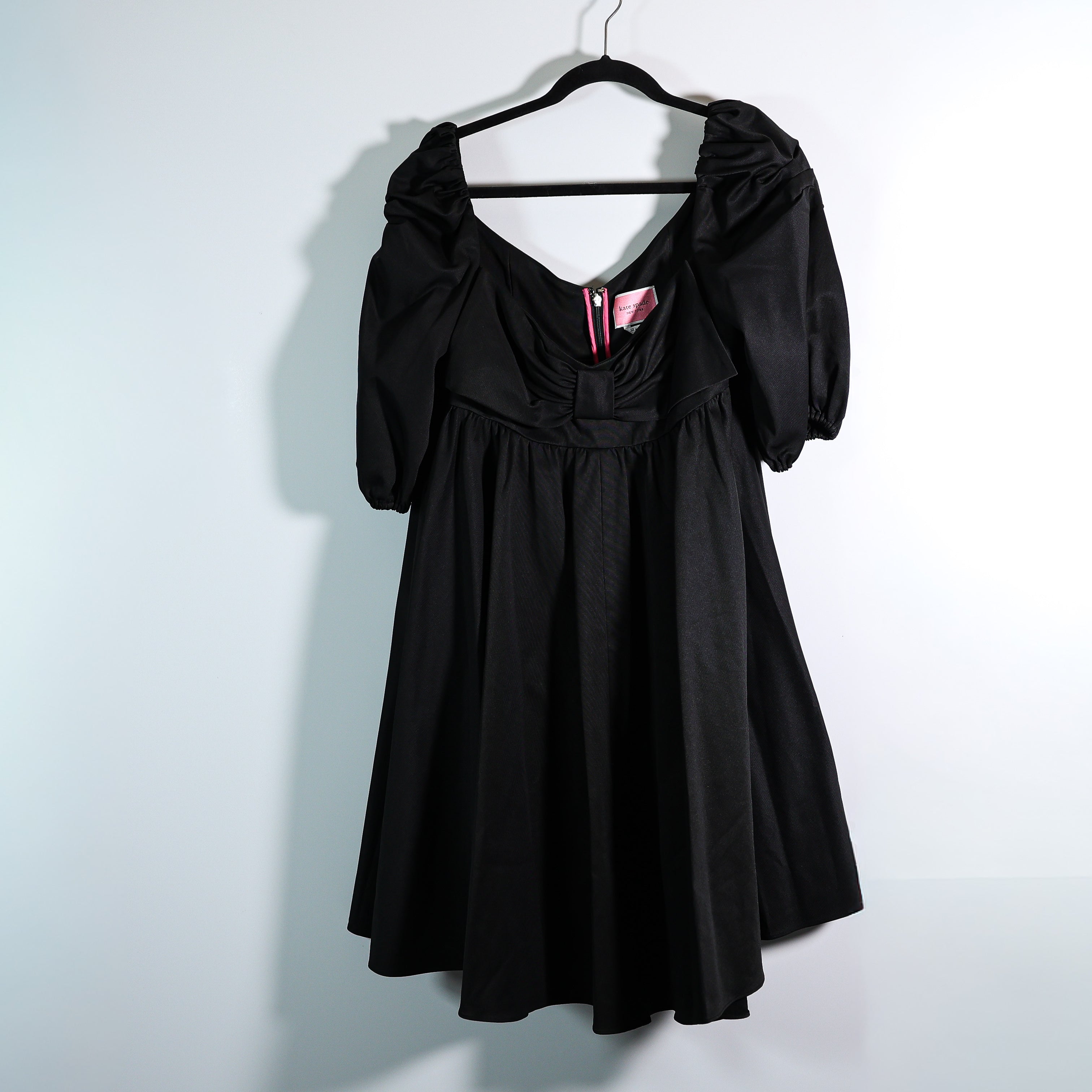 NEW Kate Spade Beau Satin Puff Sleeve Bow Ruched A Line Mini Dress Black 12