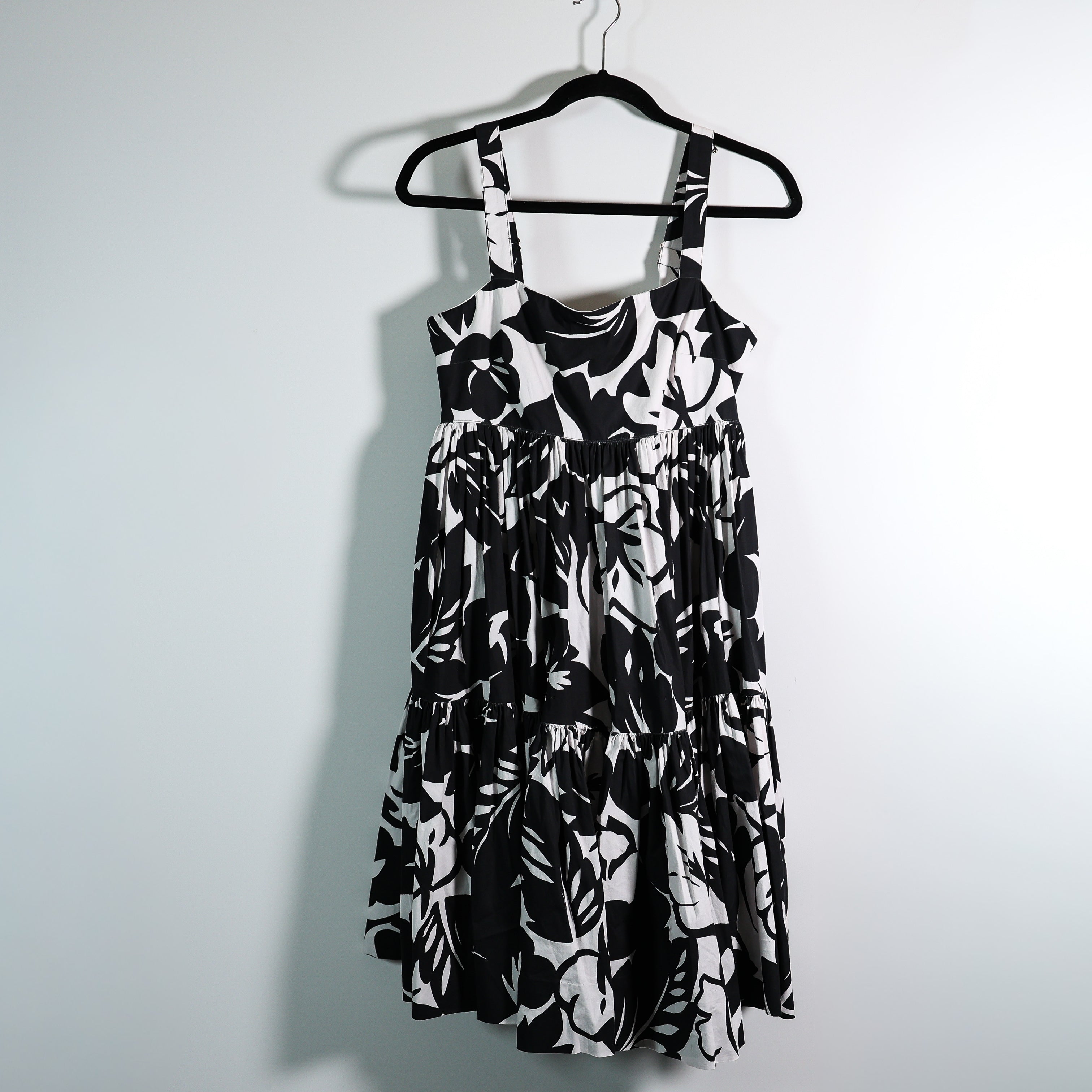 Kate Spade Cotton Poplin Floral Print Square Neck Tiered Midi Dress In Black M