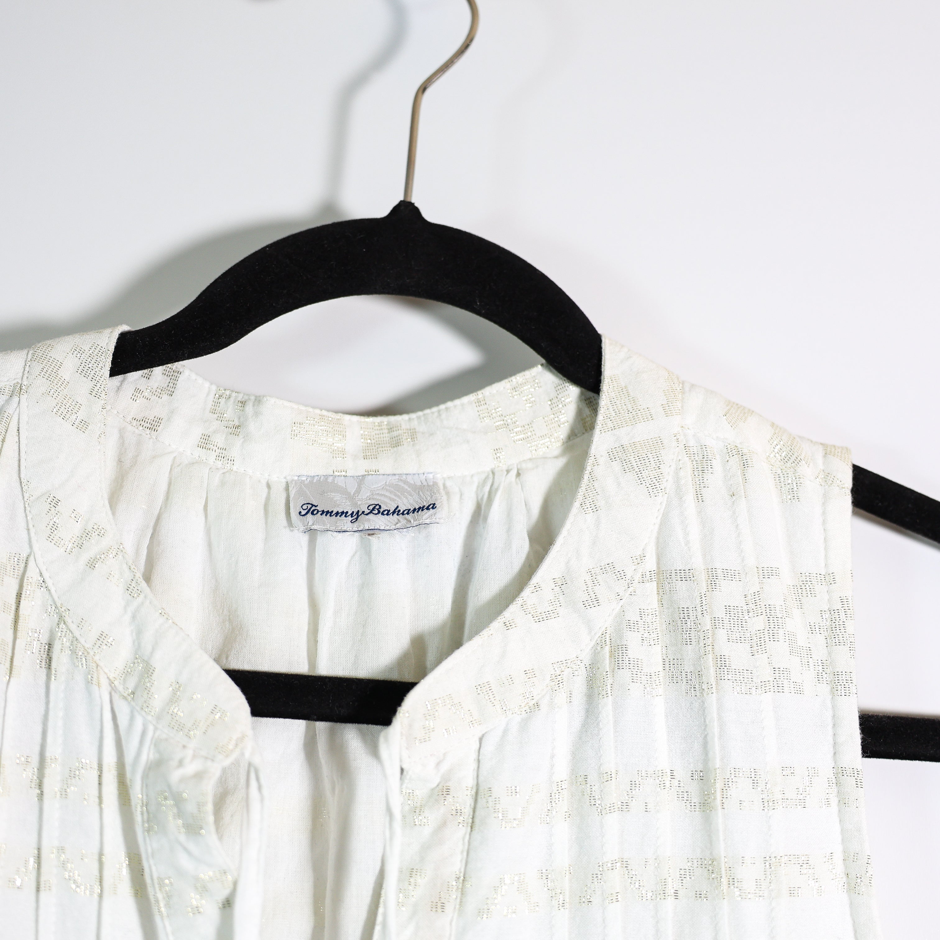 Tommy Bahama Cotton V Neck Sleeveless Tassel Tiered Pullover Mini Gold Dress M