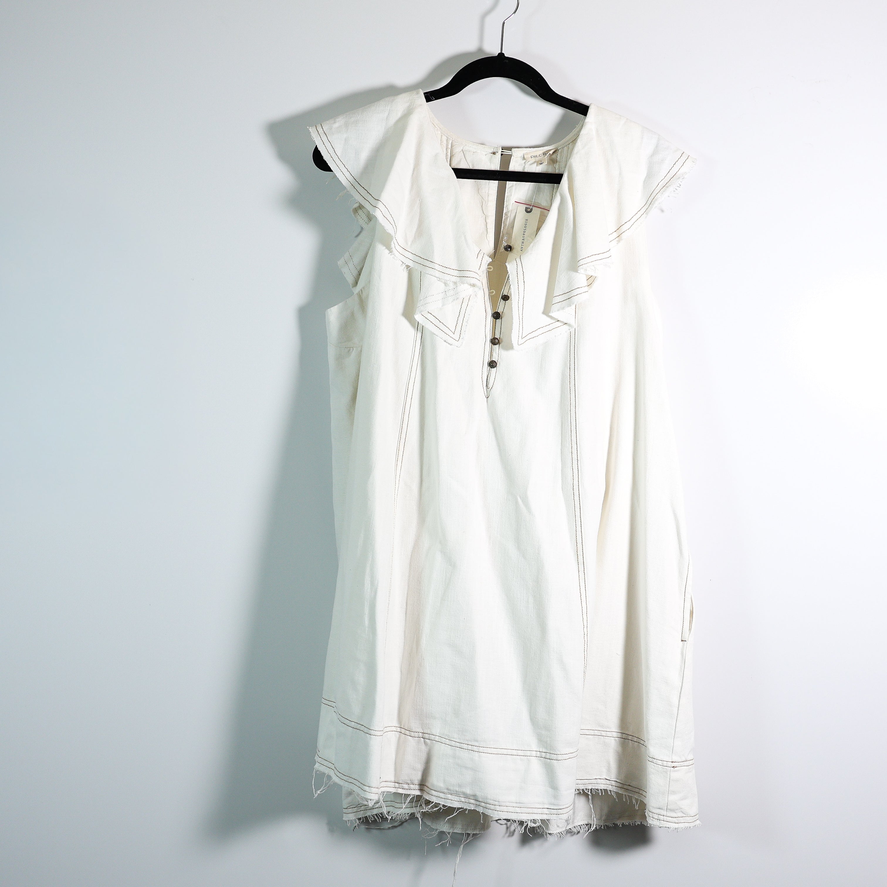 NEW Pilcro Anthropologie Ruffle V-Neck Cotton Linen Frayed Hem Mini Shift Dress