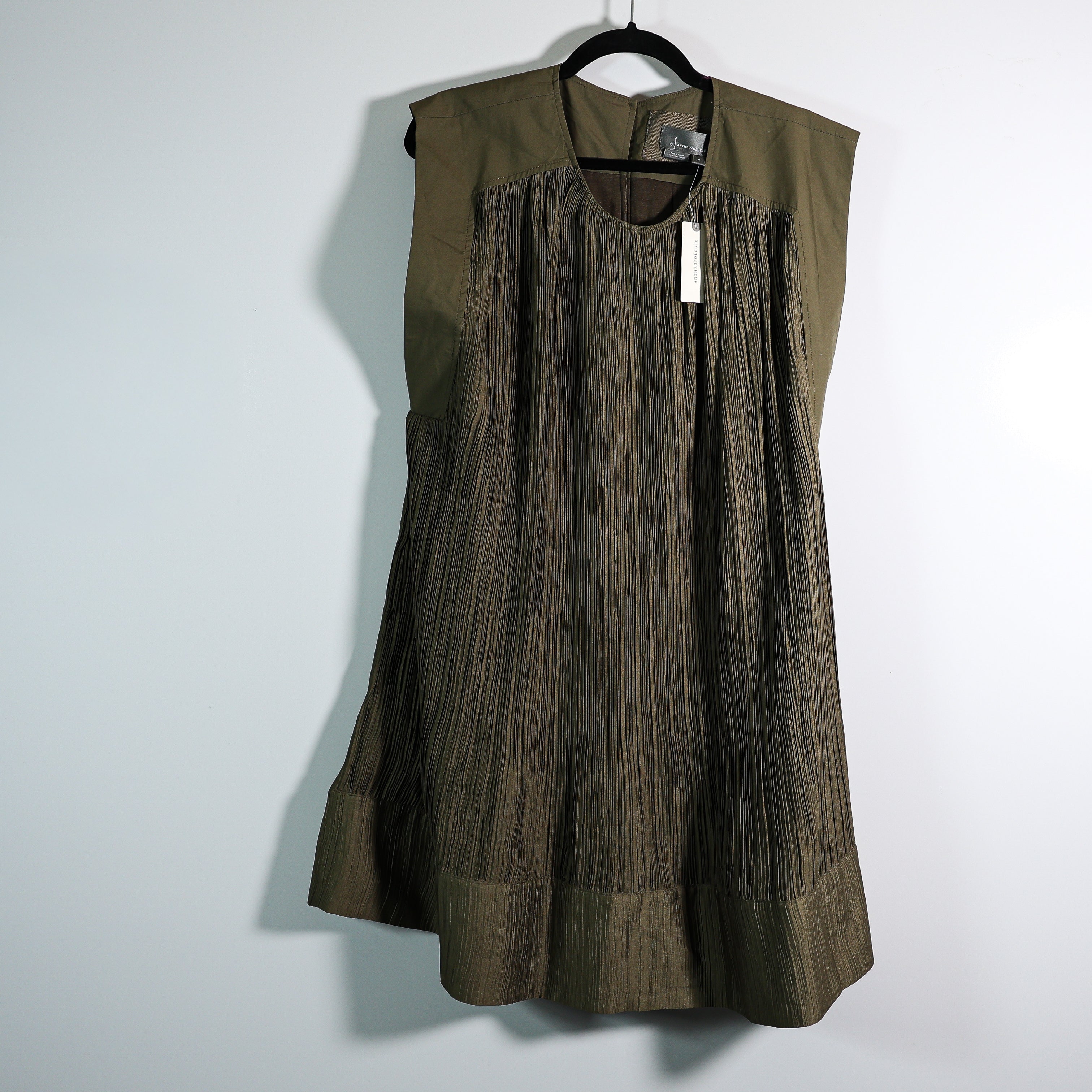 NEW Anthropologie Cap Sleeve Plisse Pleated Pullover Shift Mini Dress Green M