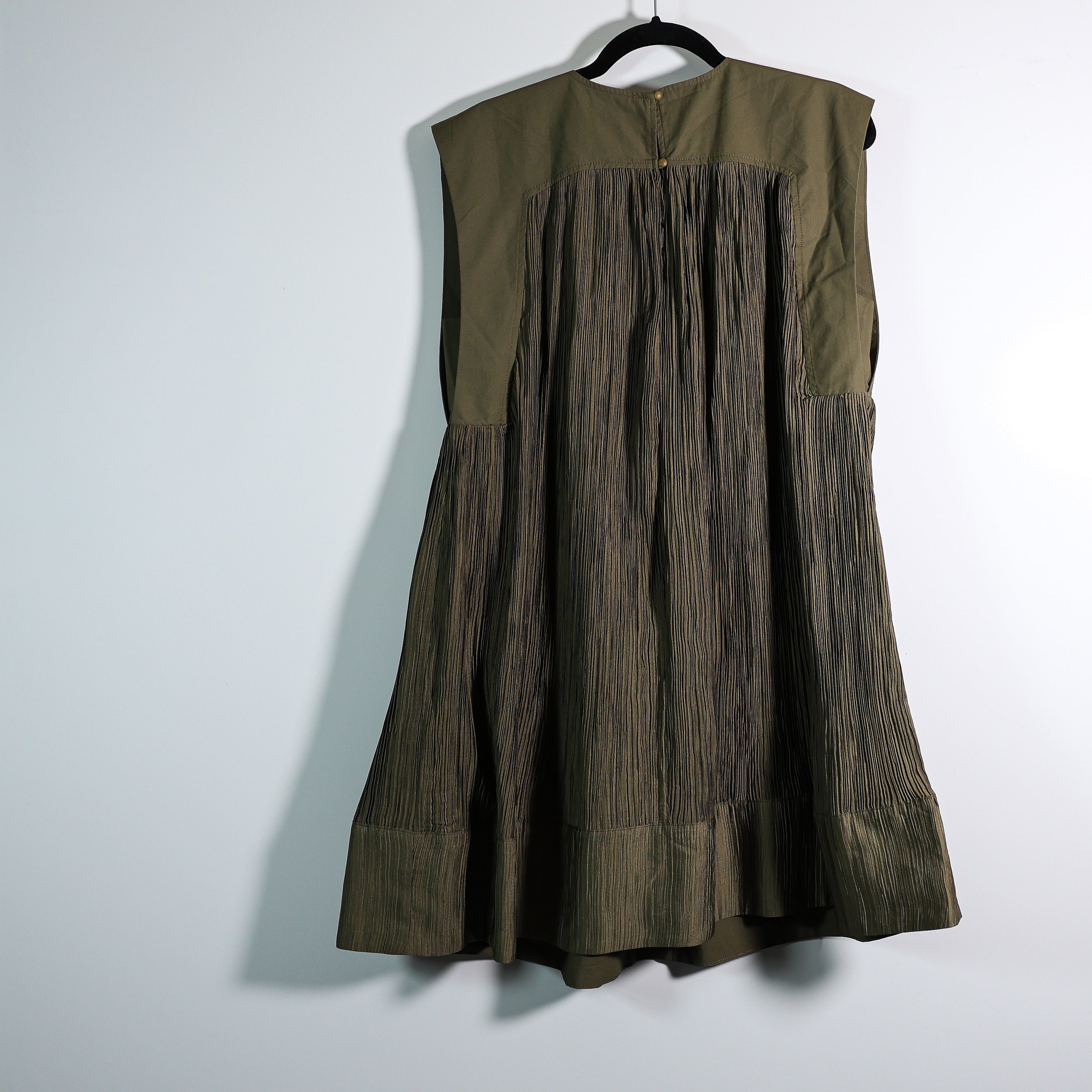 NEW Anthropologie Cap Sleeve Plisse Pleated Pullover Shift Mini Dress Green M