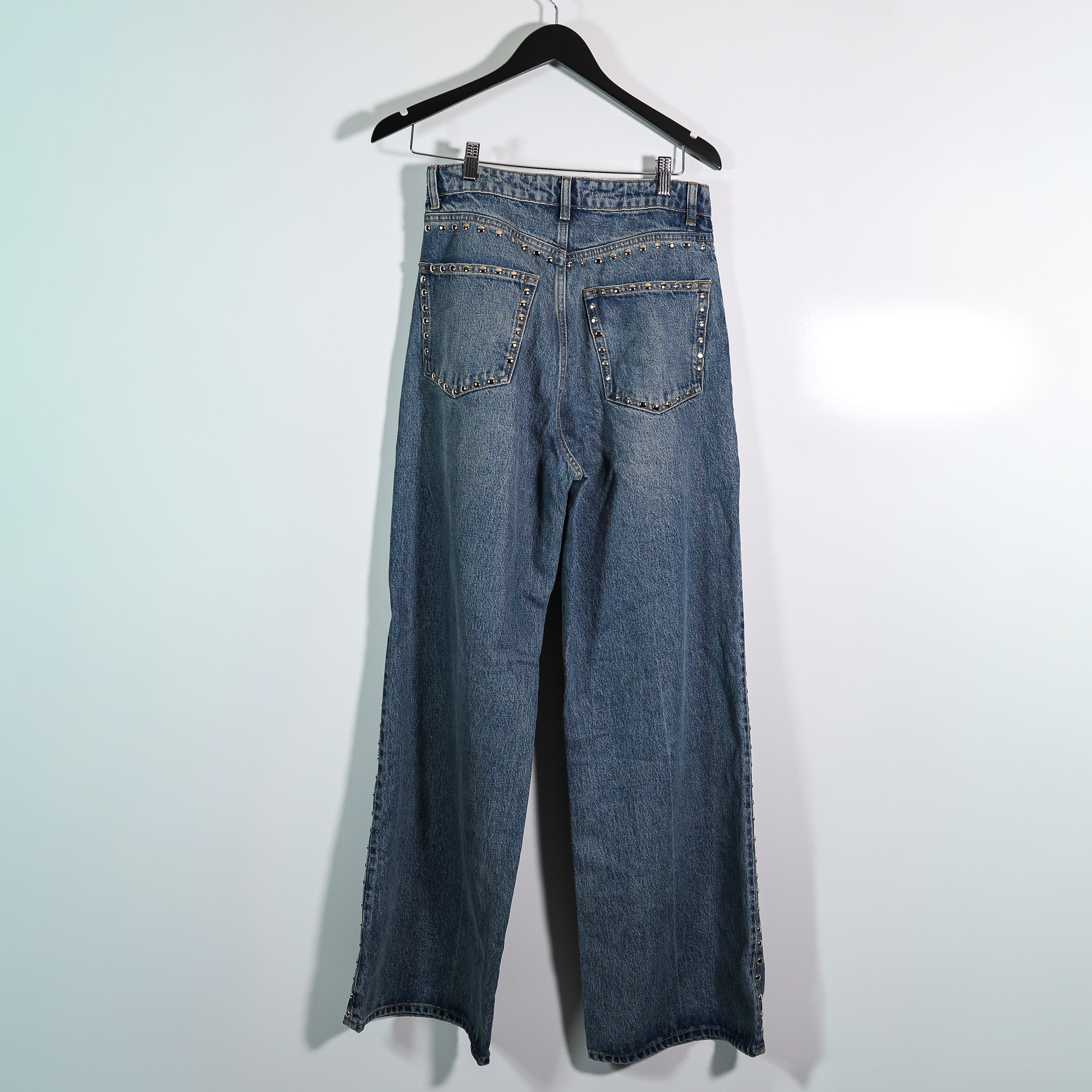 Reformation Cary High Rise Slouchy Wide Leg Denim Jeans Chesapeake Studded 28