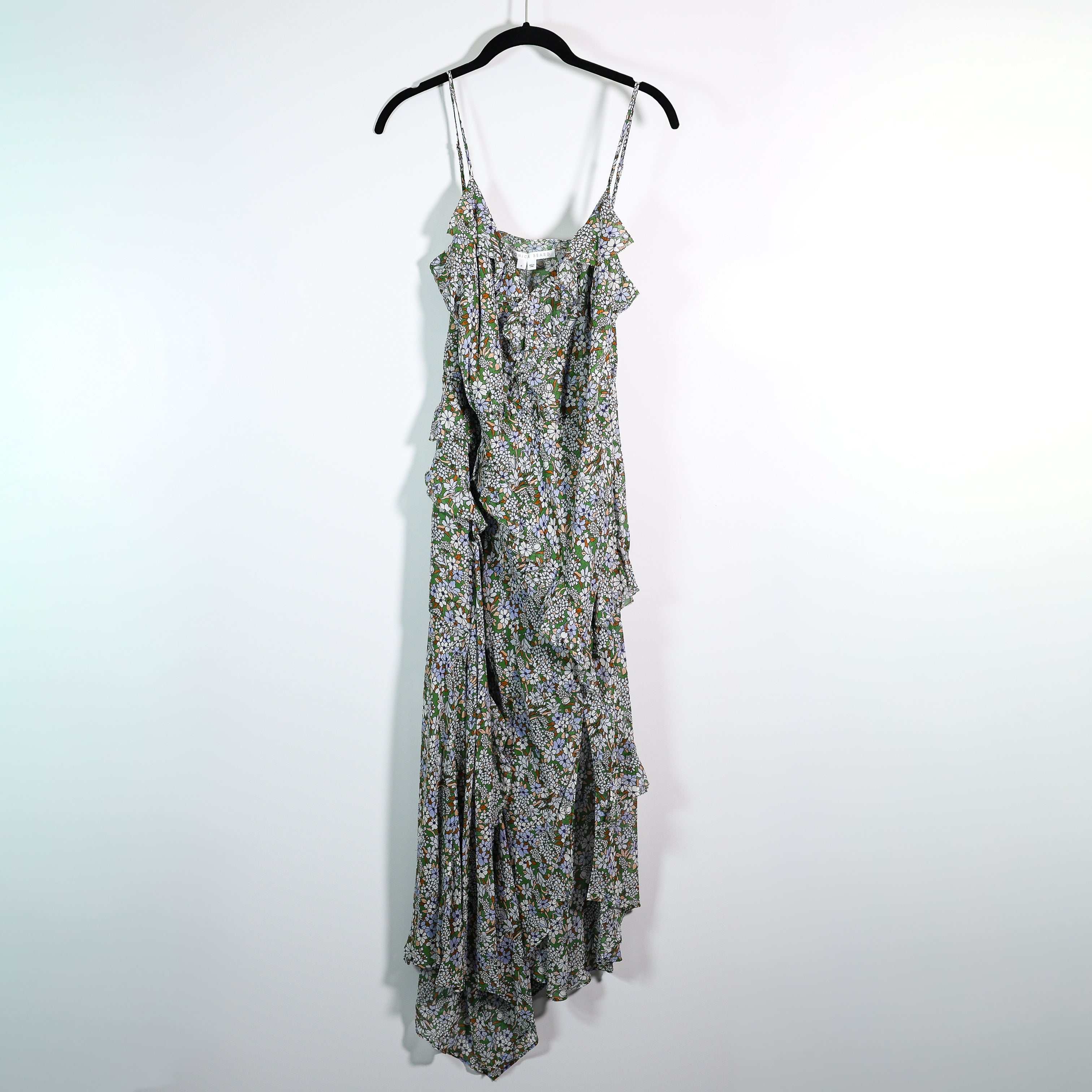 NEW Veronica Beard Avenel Silk Asymmetrical Ruffle Midi Dress Forest Army Multi