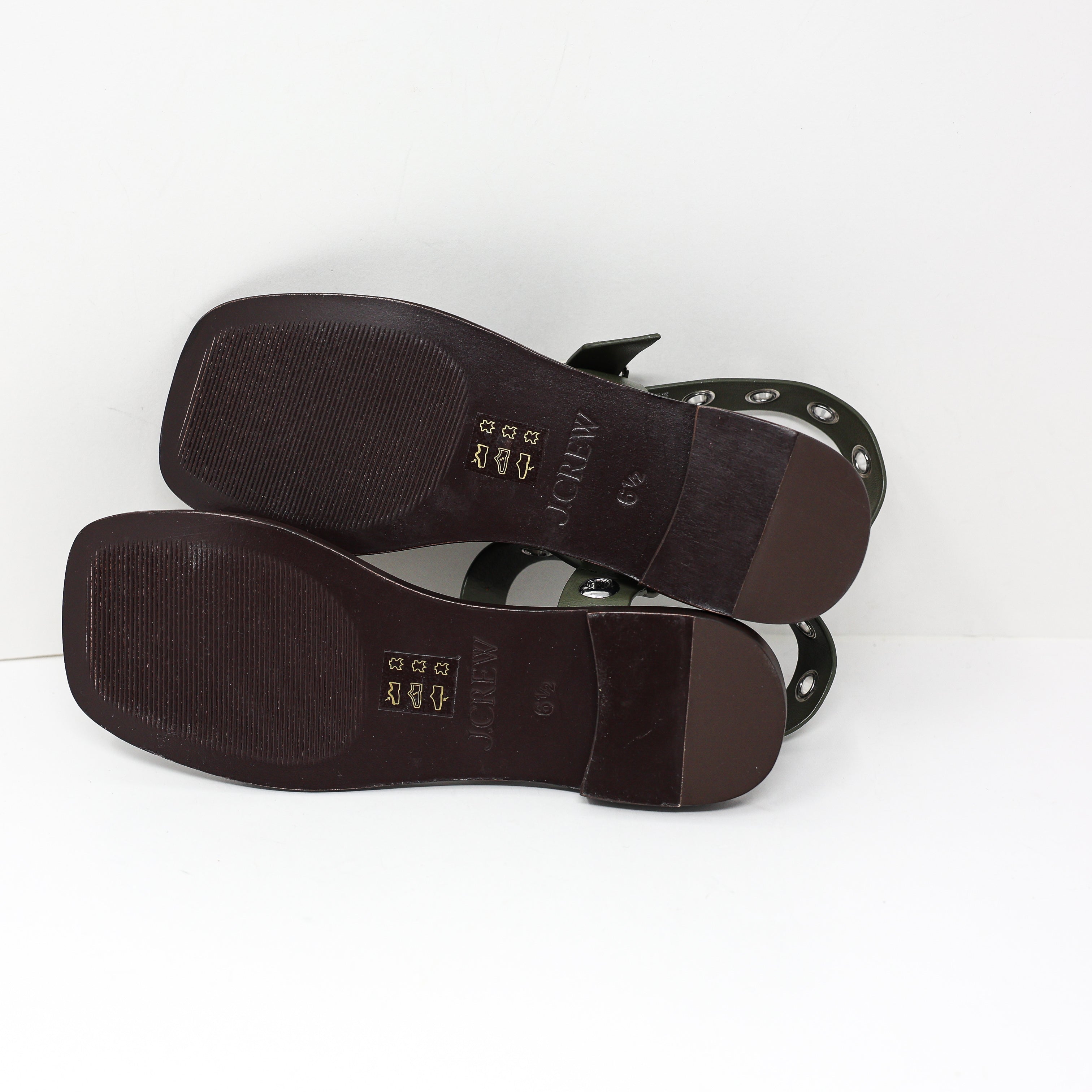 NEW J. Crew Grommet Cross Strap Open Toe Flat Sandals Leather Shoes Olive Green