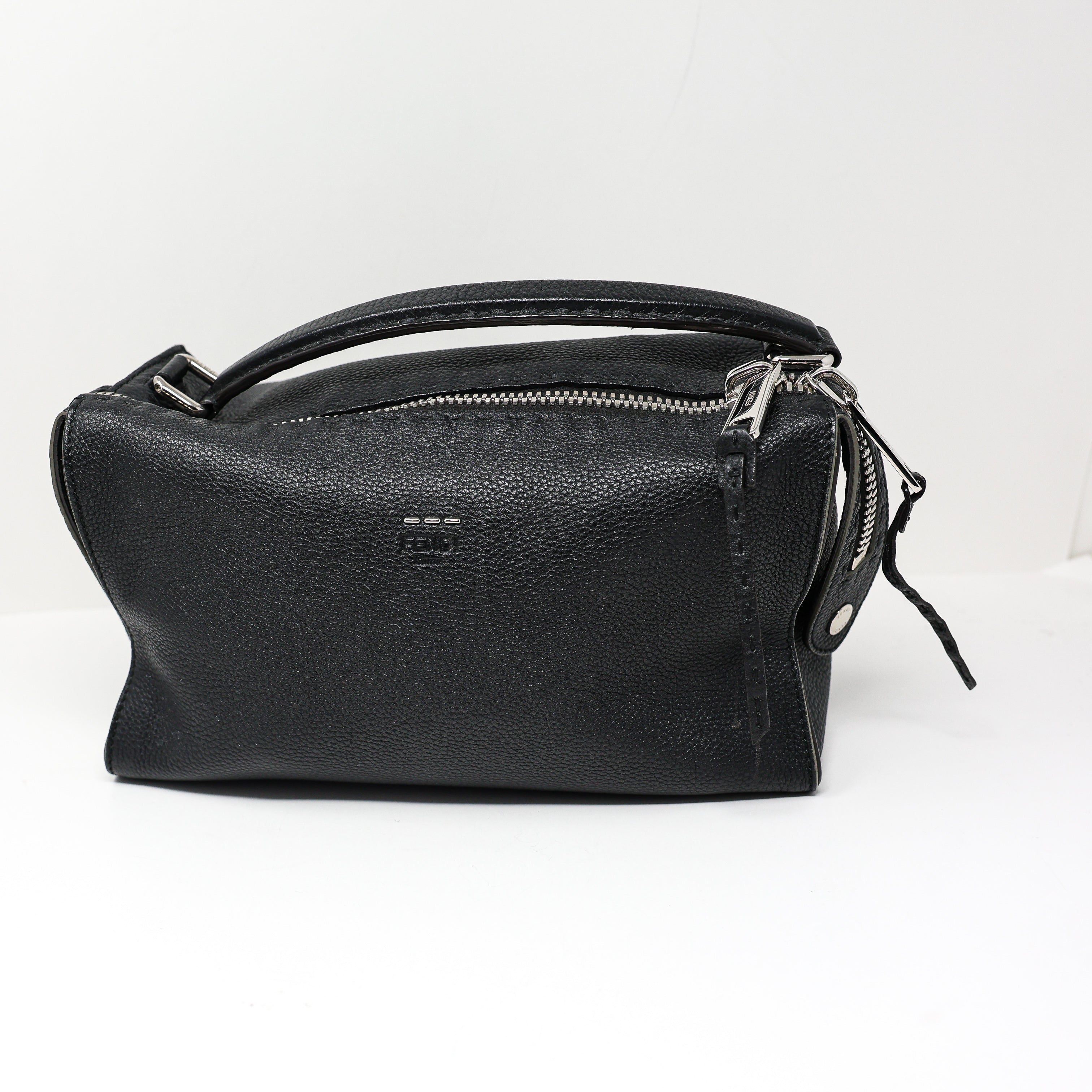 Fendi Lei Selleria Leather Two Way Zip Boston Top Handle Purse Bag Black Silver