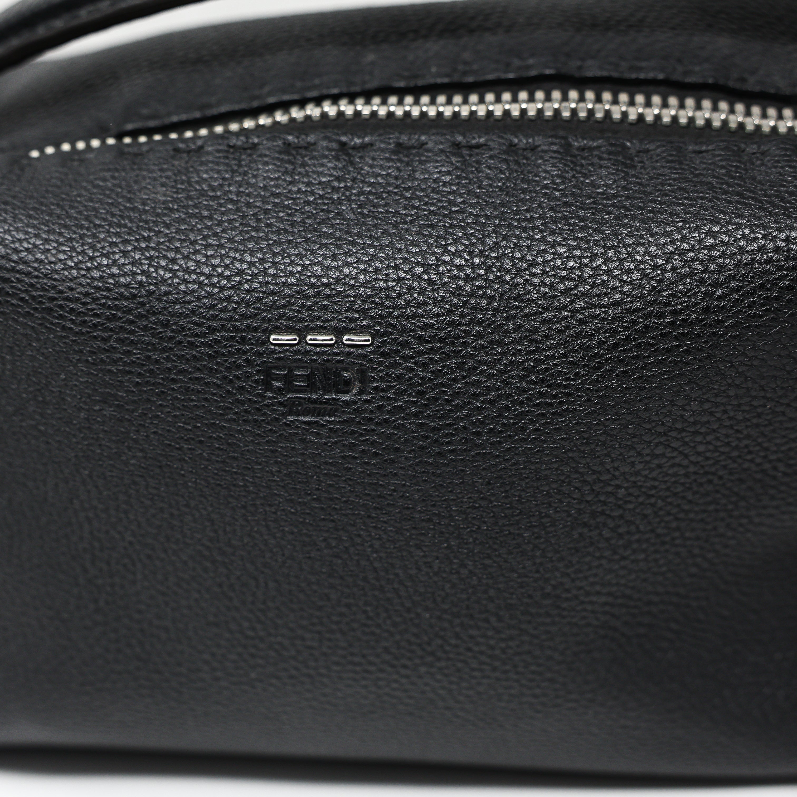 Fendi Lei Selleria Leather Two Way Zip Boston Top Handle Purse Bag Black Silver