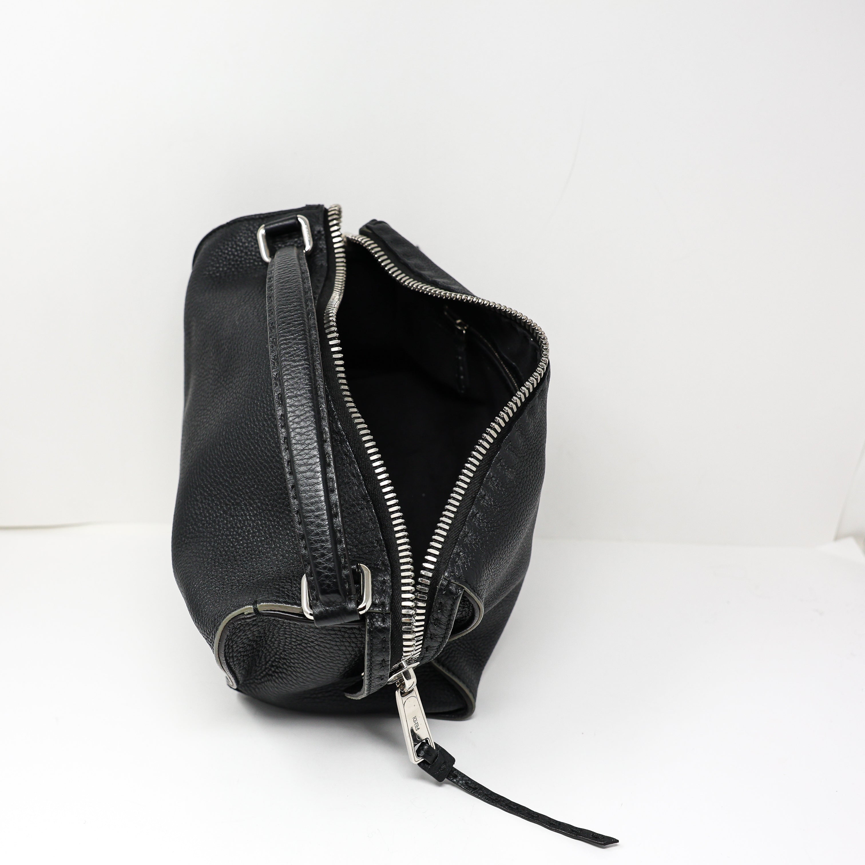 Fendi Lei Selleria Leather Two Way Zip Boston Top Handle Purse Bag Black Silver