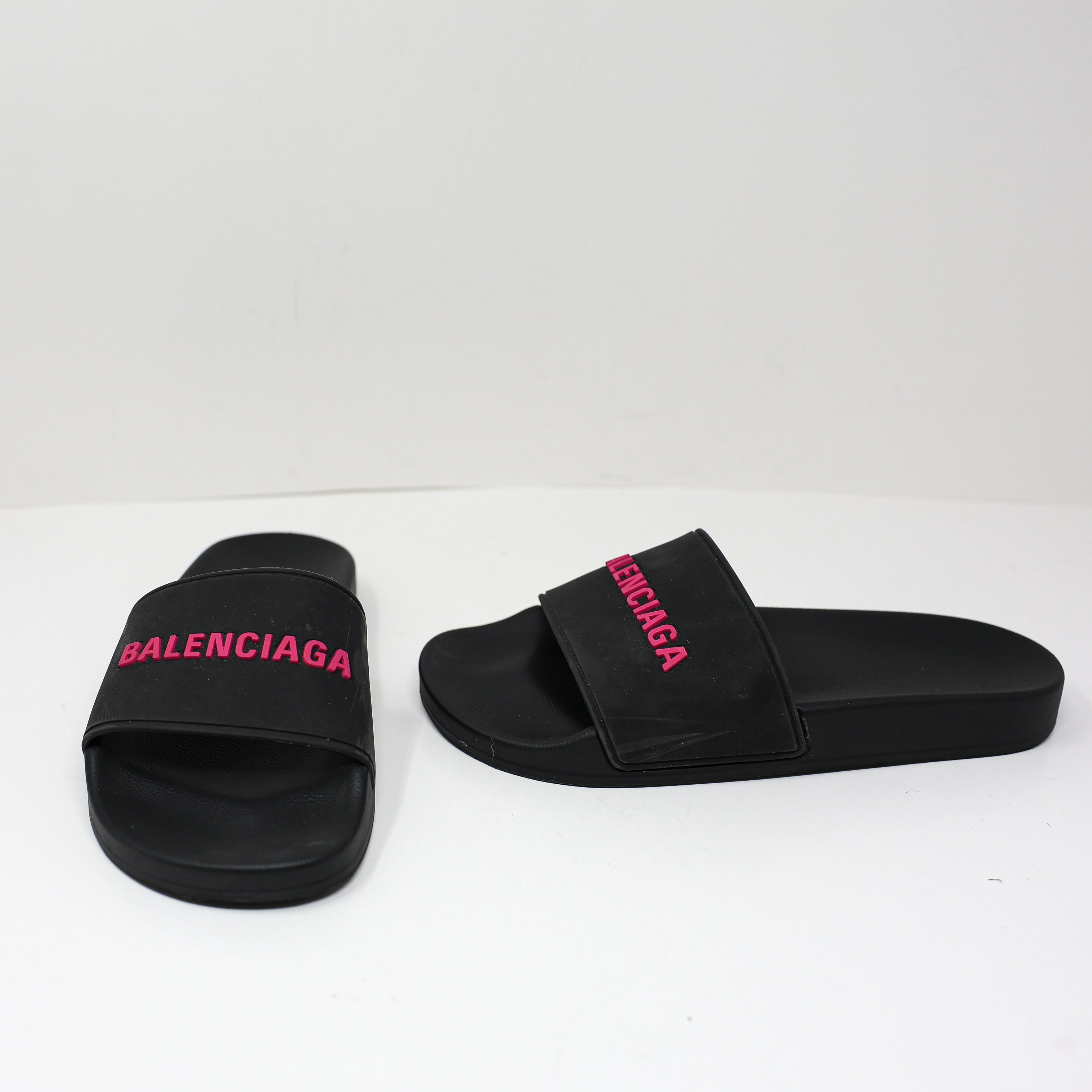 Balenciaga Women's Rubber Logo Open Toe Slip On Slides Pool Sandals Shoes Black