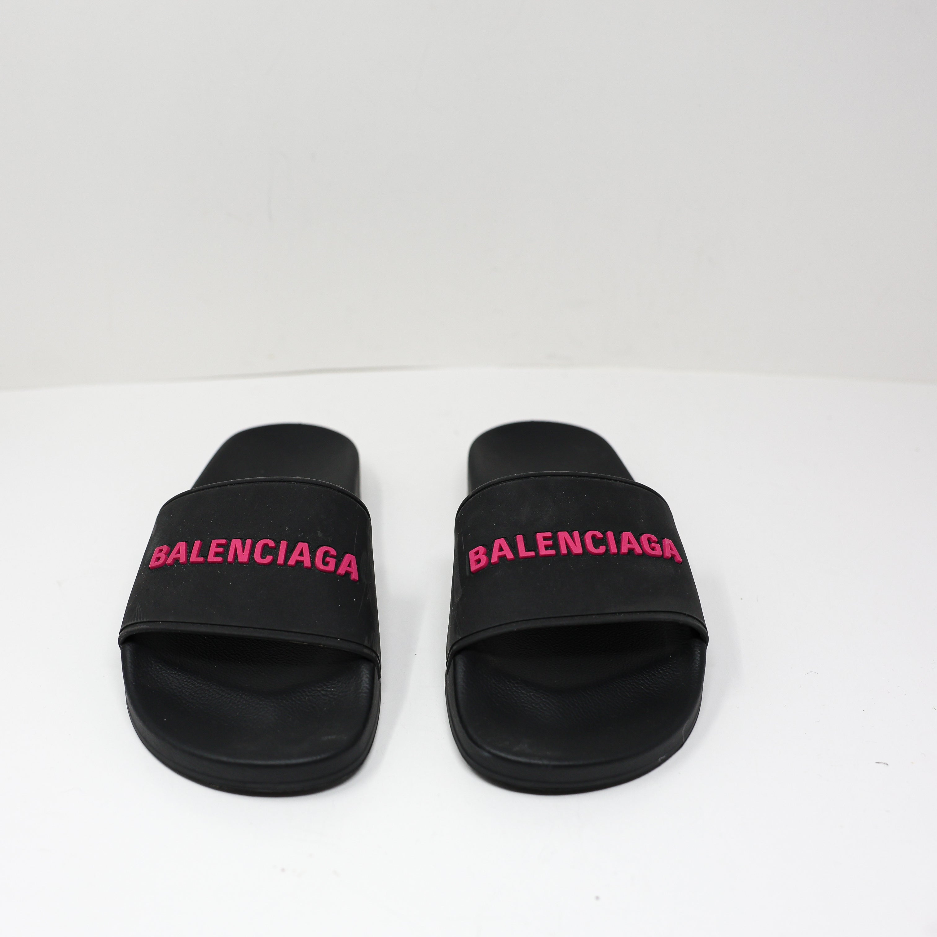 Balenciaga Women's Rubber Logo Open Toe Slip On Slides Pool Sandals Shoes Black