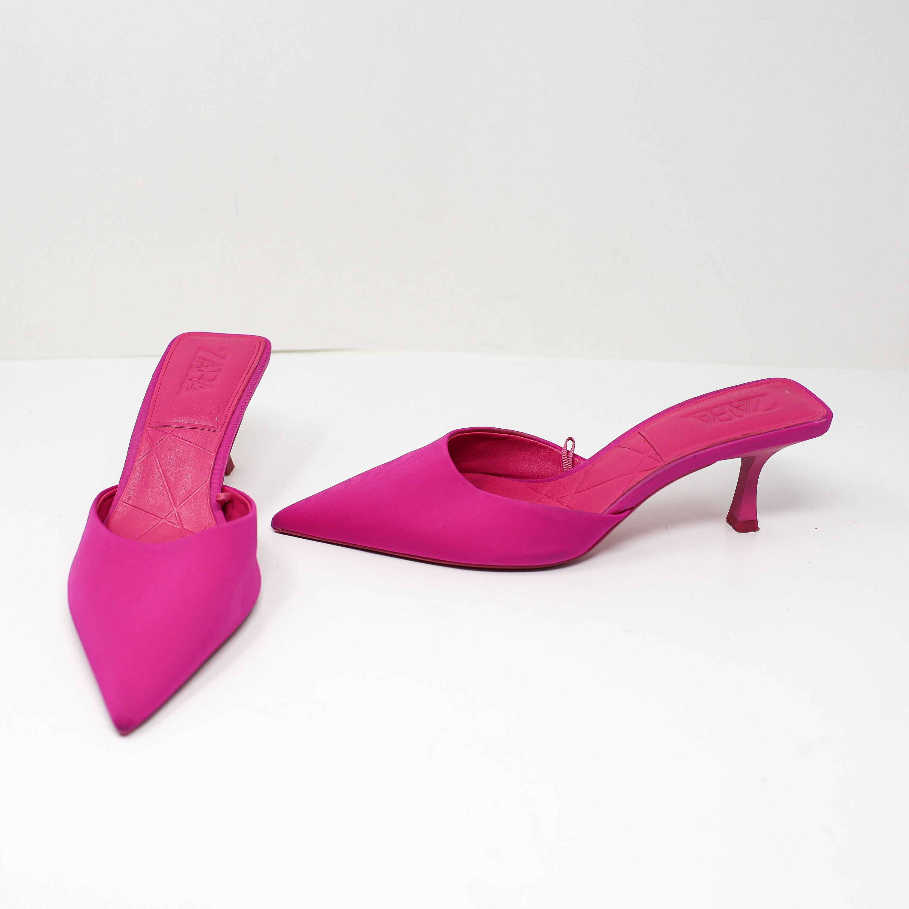 Zara Women's Neoprene Fabric Backless Pointed Toe Slip On High Heels Shoes Pink