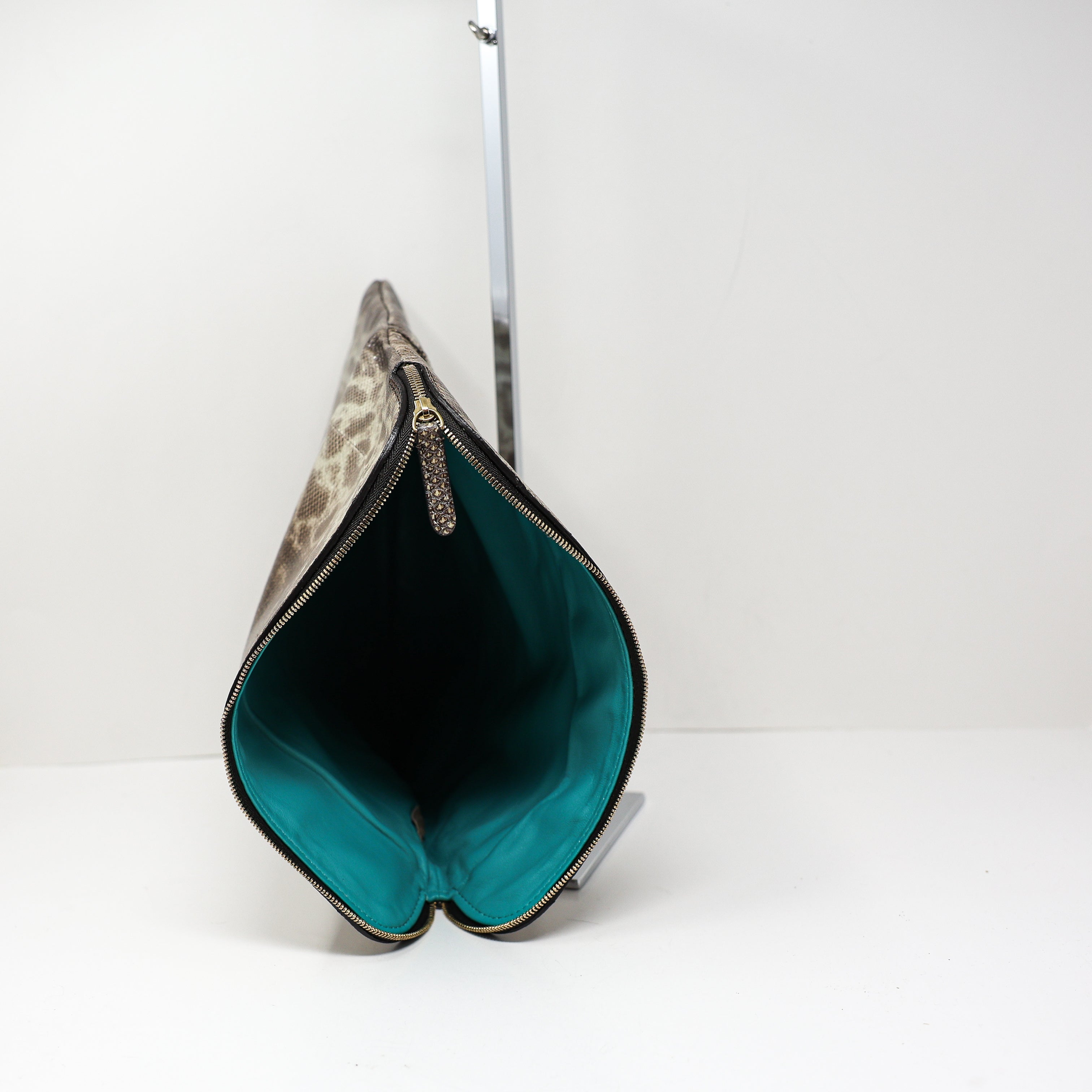 Zagliani Made In Italy Genuine Leather Foldover Clutch Purse Bag Neutral Snake