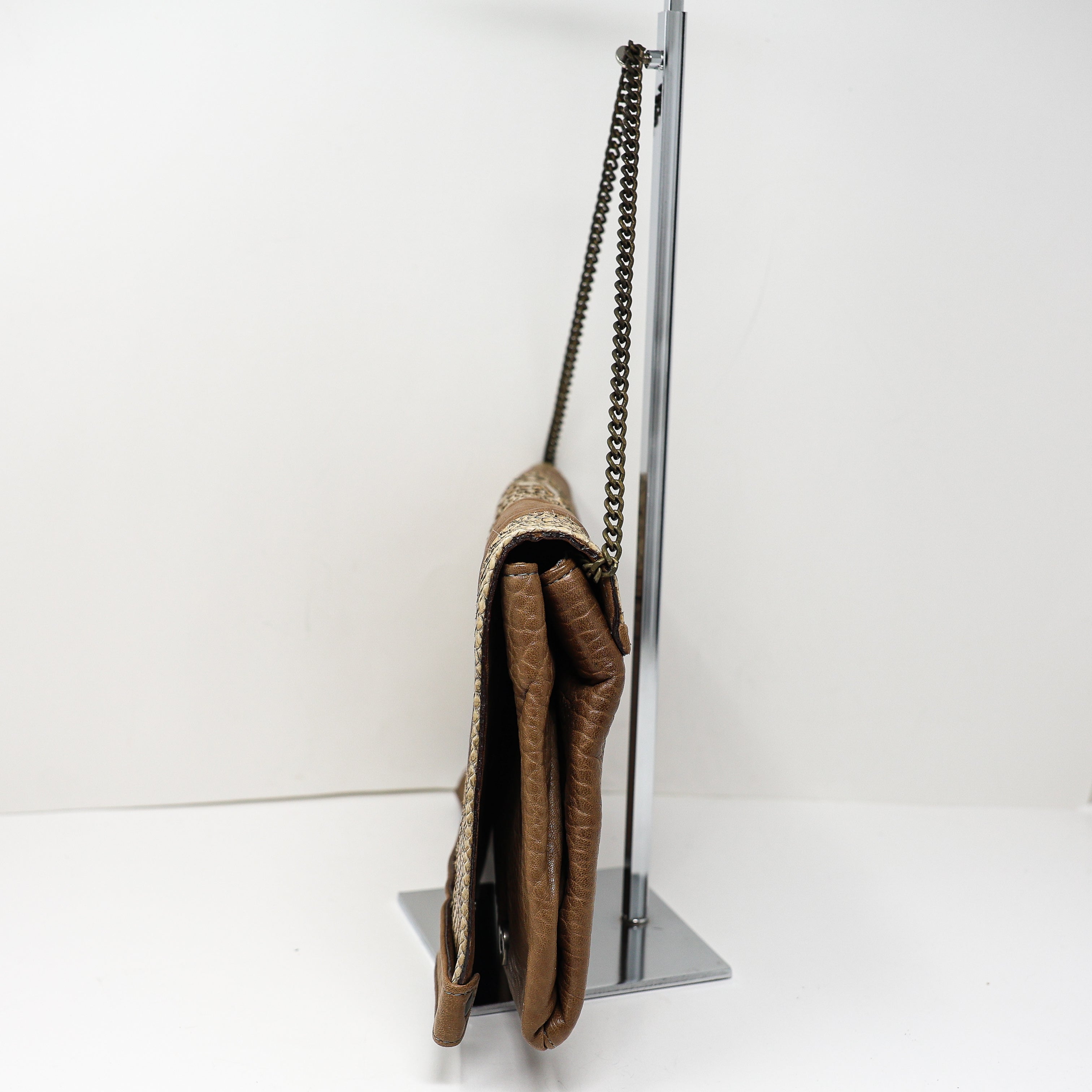 Abaco Paris Genuine Leather Snake Python Embossed Foldover Clutch Shoulder Bag